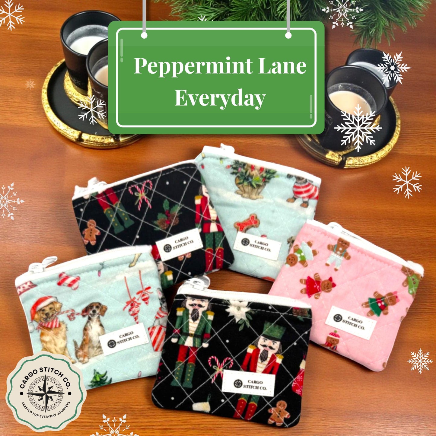 Mini Quilted Holiday Coin Pouch – 4x3 Christmas Zipper Wallet – Handmade Gift by Cargo Stitch Co. – Earbud Case - Hearing Aid Pouch