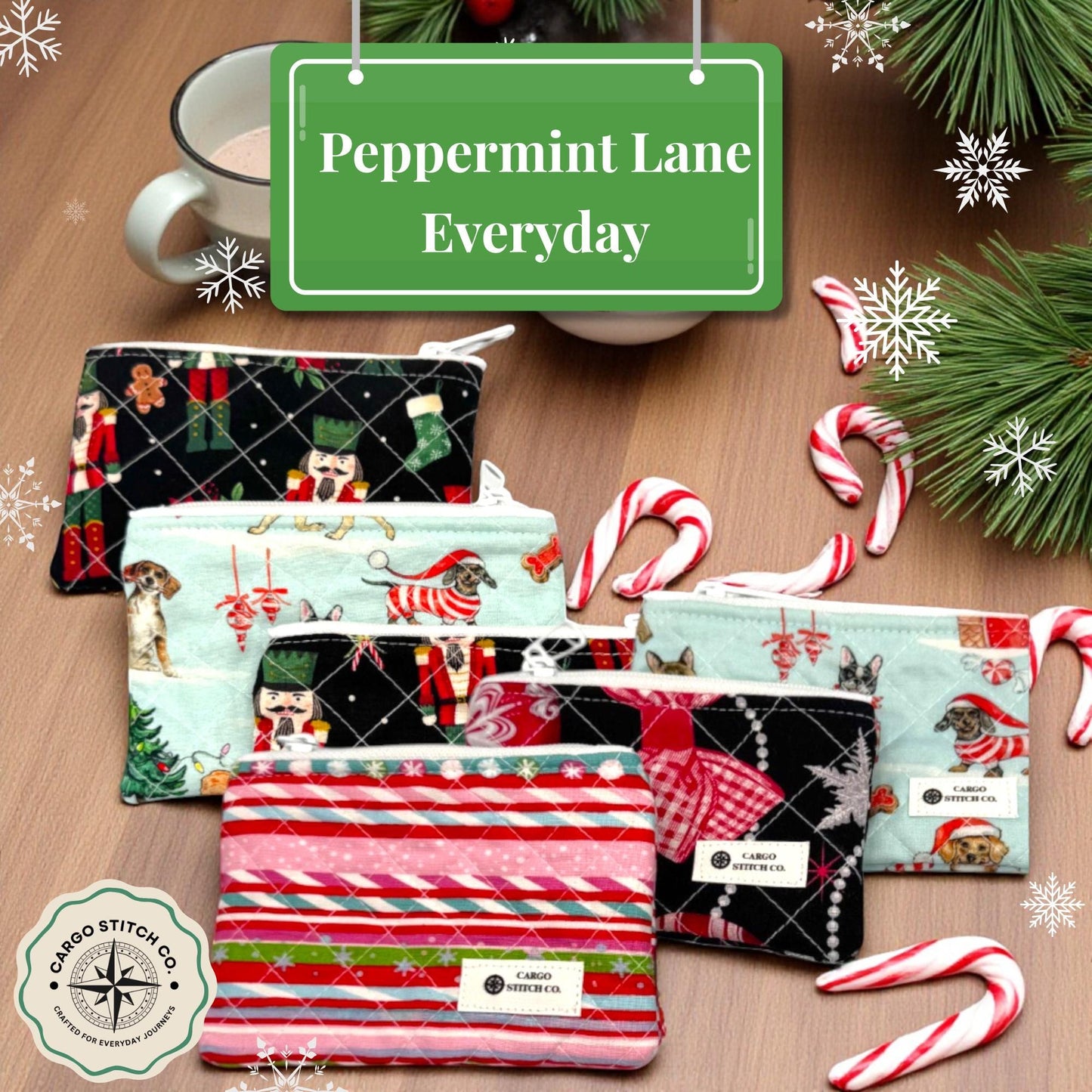 Quilted Christmas Zipper Pouch – 6x3.5 Coin Purse or Gift Card Holder – Holiday Dog, Stripe, and Ornament Designs – Handmade by Cargo Stitch