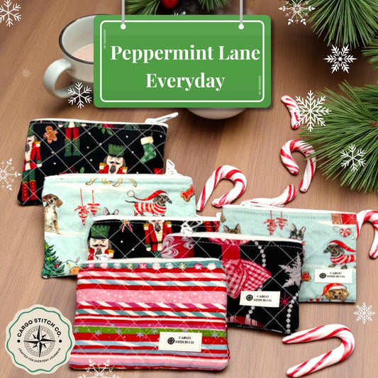 Quilted Christmas Zipper Pouch – 6x3.5 Coin Purse or Gift Card Holder – Holiday Dog, Stripe, and Ornament Designs – Handmade by Cargo Stitch