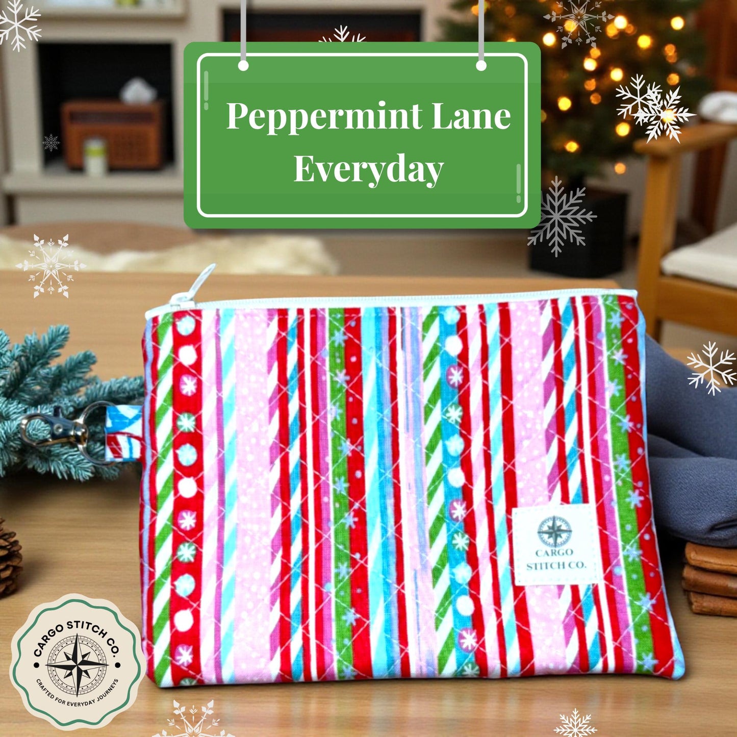 Candy Cane Stripe Quilted Zipper Pouch | Christmas Makeup Bag | Holiday Travel Pouch | Handmade Gift for Her | Cargo Stitch Co