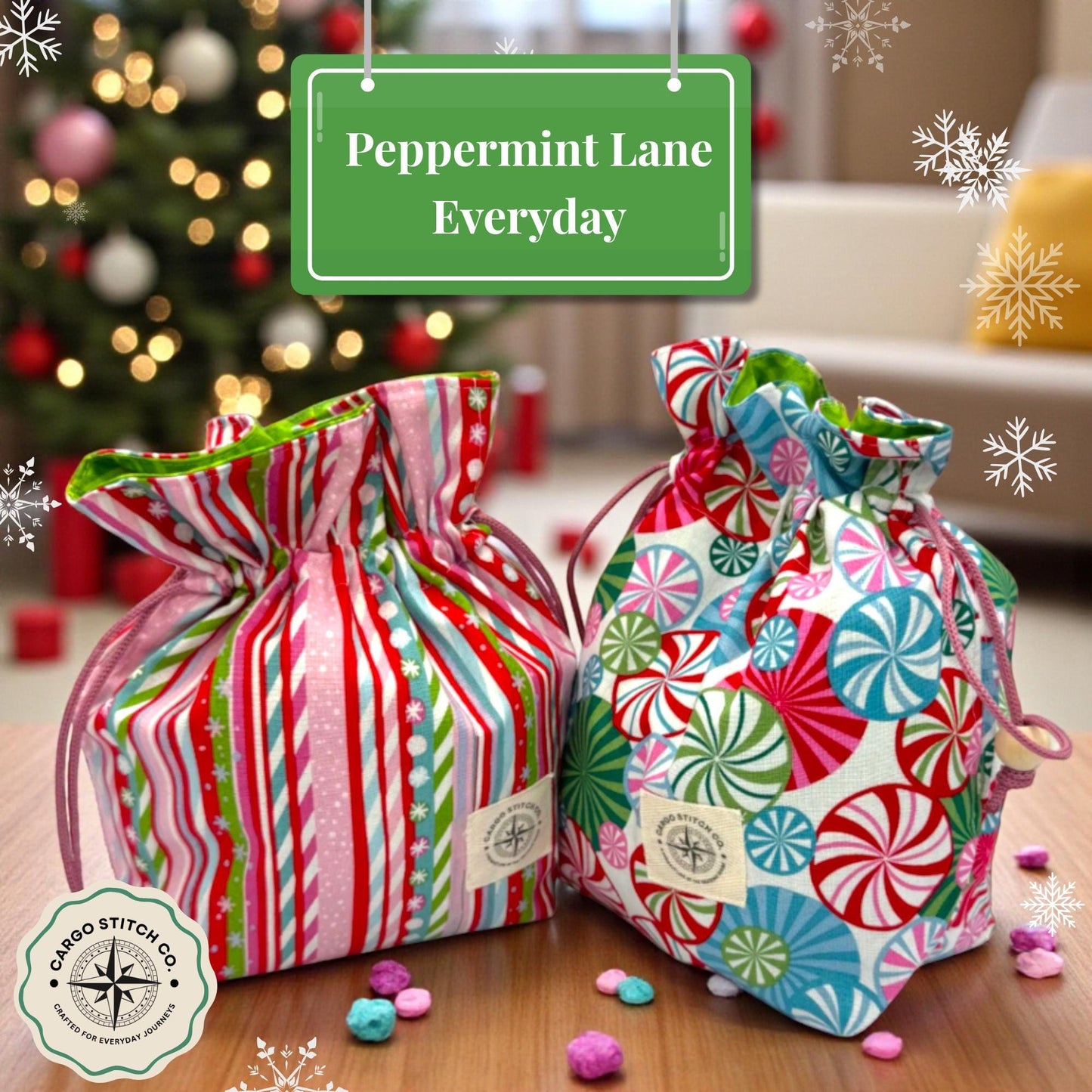 2 Holiday Drawstring Gift Bag Set – Quilted Medium Bag Duo – Peppermint Swirl & Candy Cane Stripe – Reusable Fabric Gift Wrap