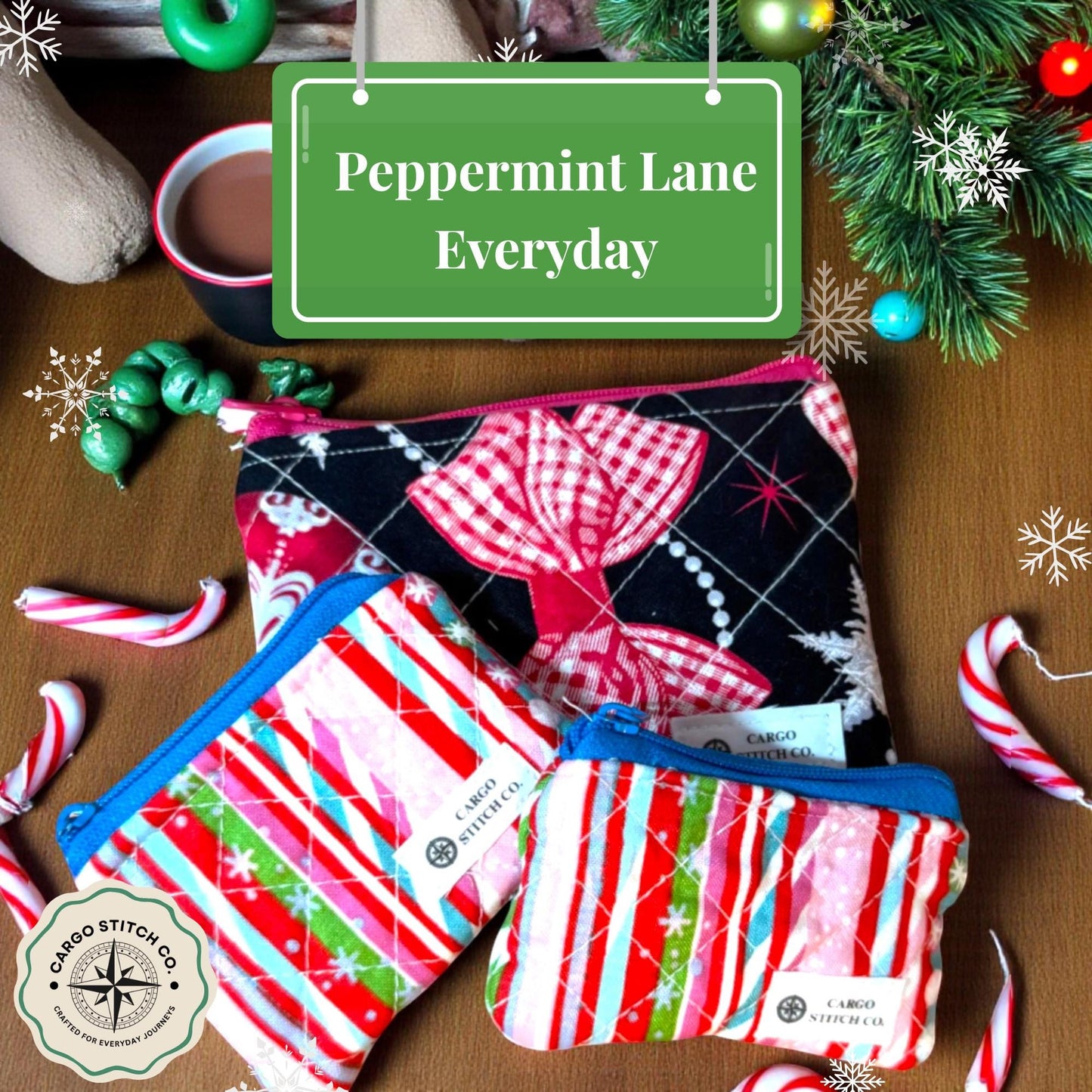 Mini Pouch Trio – Peppermint Lane 2025 | 2 Coin Pouches + 1 Small Zipper Bag Handmade Quilted Stocking Stuffers Cargo Stitch Co. Earbud Bag