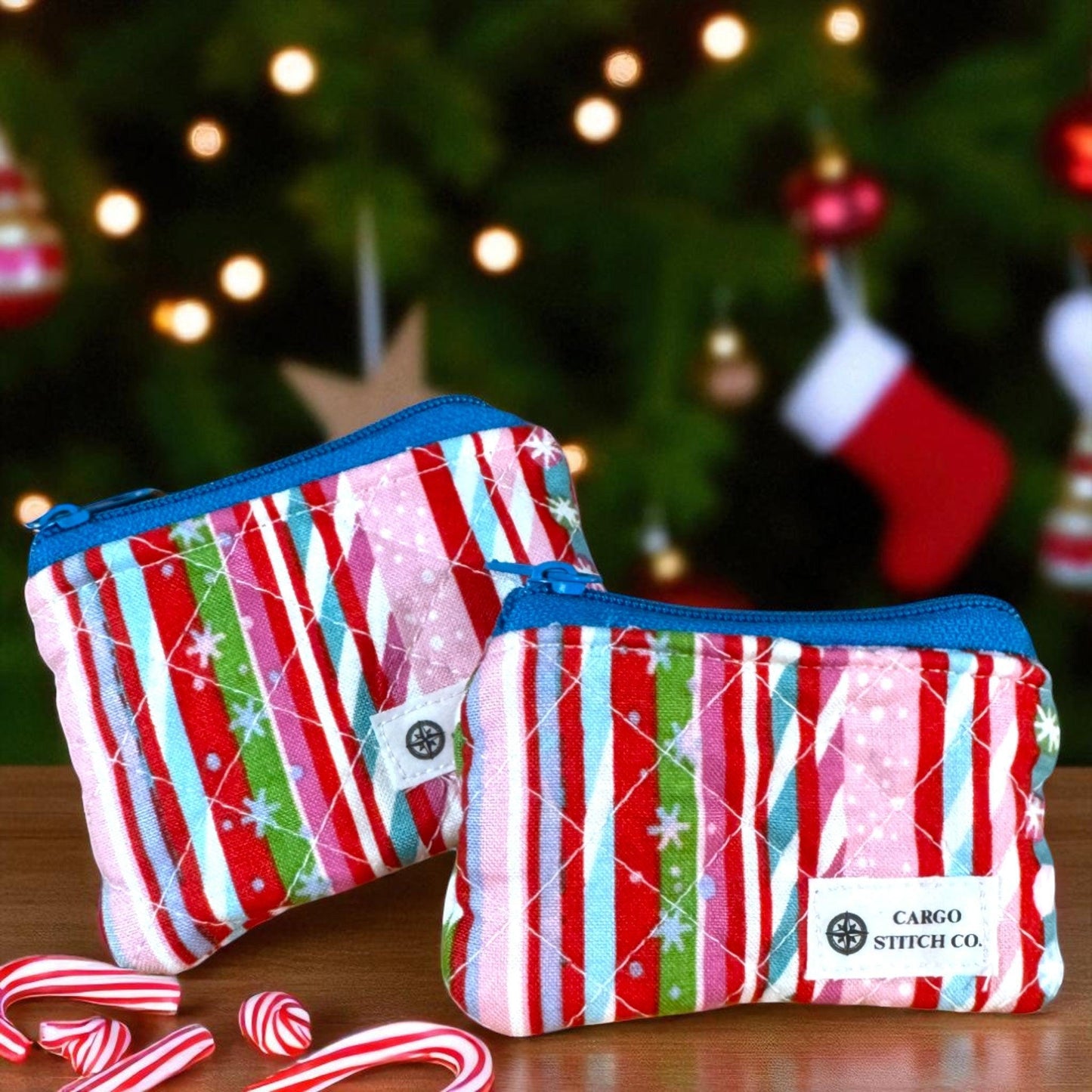 Mini Pouch Trio – Peppermint Lane 2025 | 2 Coin Pouches + 1 Small Zipper Bag Handmade Quilted Stocking Stuffers Cargo Stitch Co. Earbud Bag