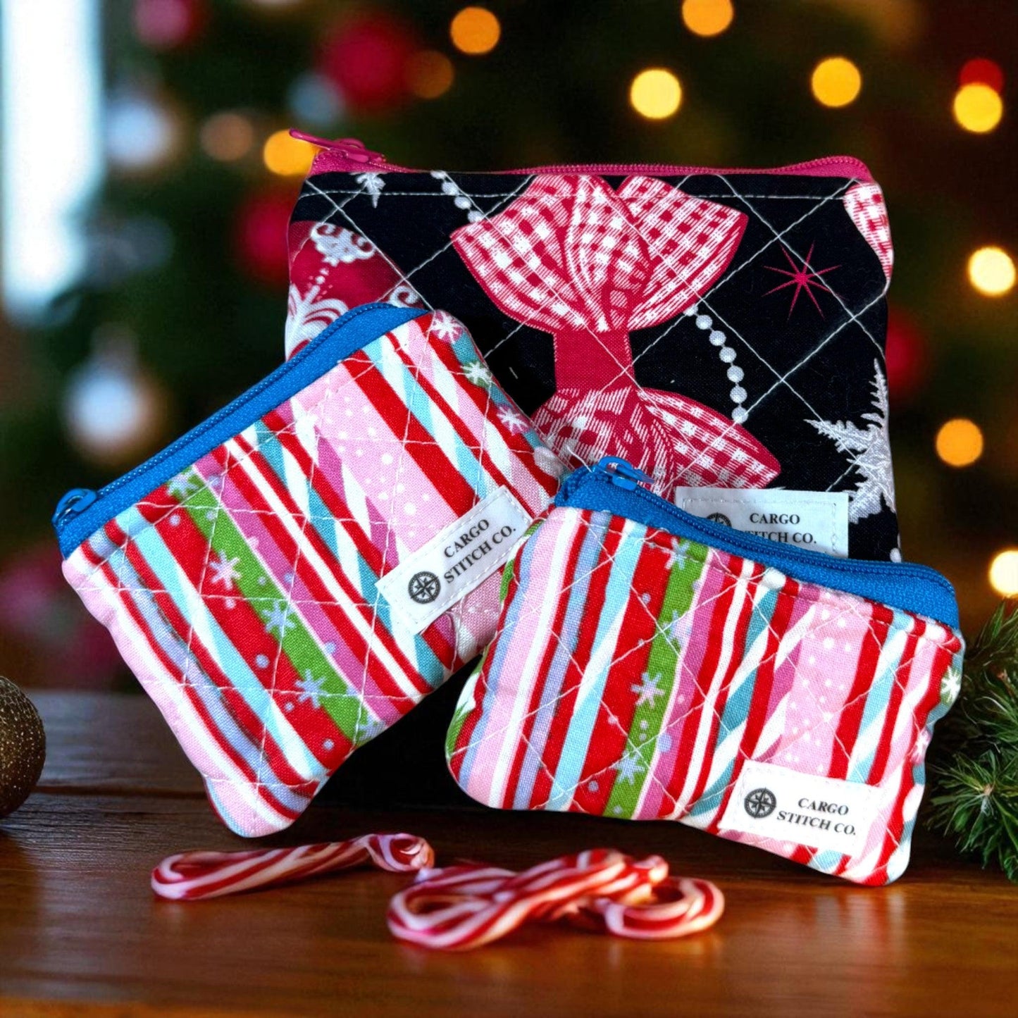 Mini Pouch Trio – Peppermint Lane 2025 | 2 Coin Pouches + 1 Small Zipper Bag Handmade Quilted Stocking Stuffers Cargo Stitch Co. Earbud Bag