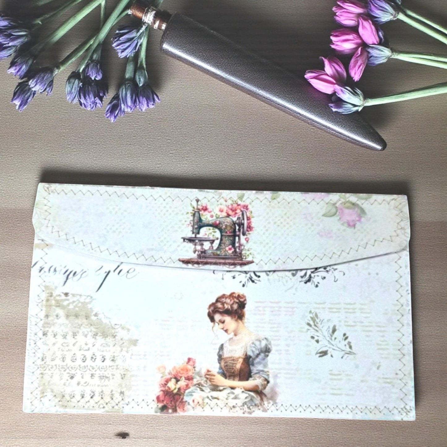 Healing Threads Accordion Folder – Vintage Seamstress Edition – Handmade Paper Organizer for Ephemera & Journaling Gifts