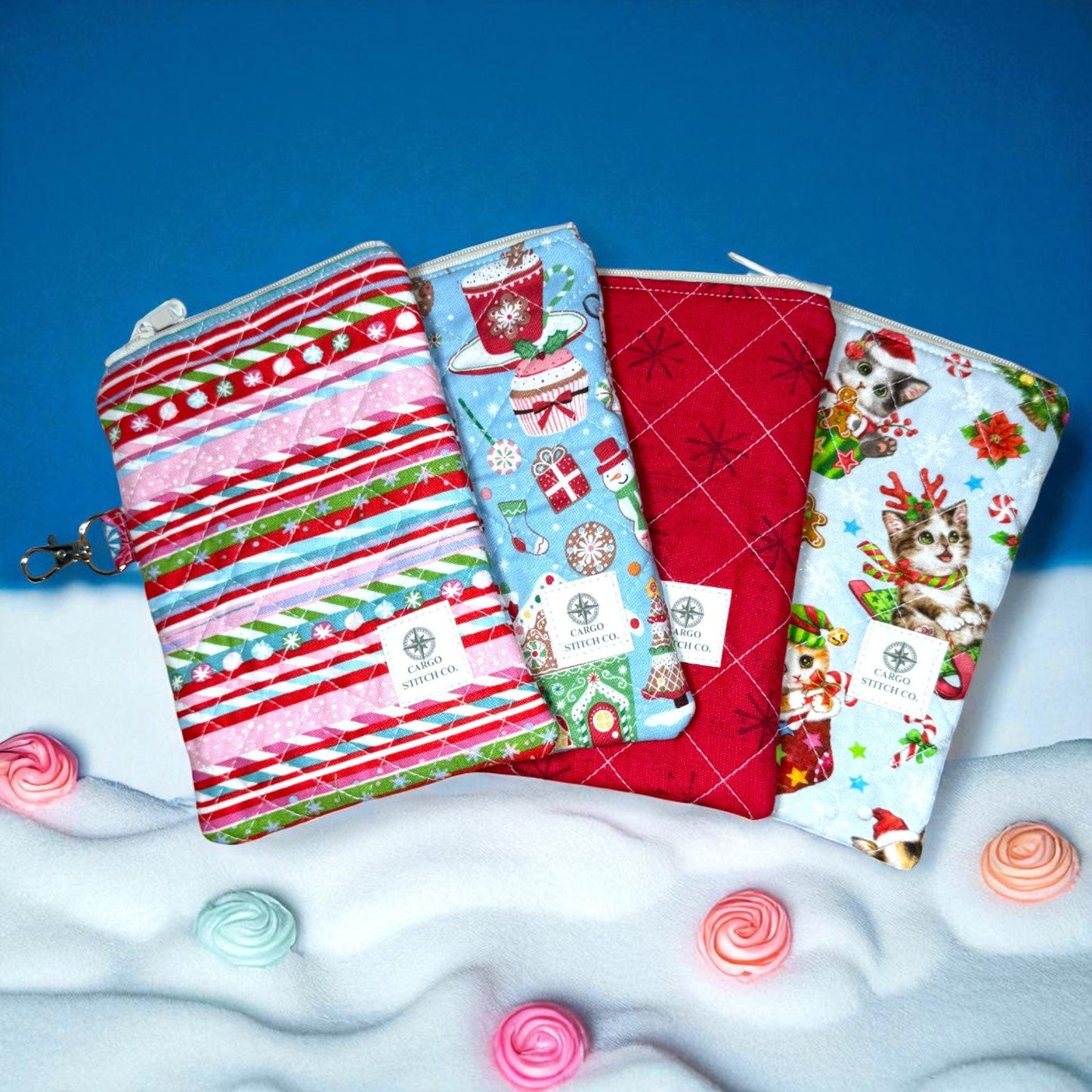 Peppermint Stripe Quilted Pouch – Peppermint Lane 2025 | Handmade 5×7 Zipper Bag with Pocket & Clip | Holiday Cosmetic Bag | Cargo Stitch