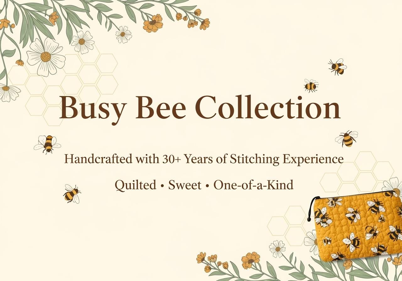 Busy Bee Pleated Zipper Pouch – 7x6 Quilted Bee Bag | Handmade Organizer for Makeup, Pens, Gifts | Cute Gift for Bee Lovers