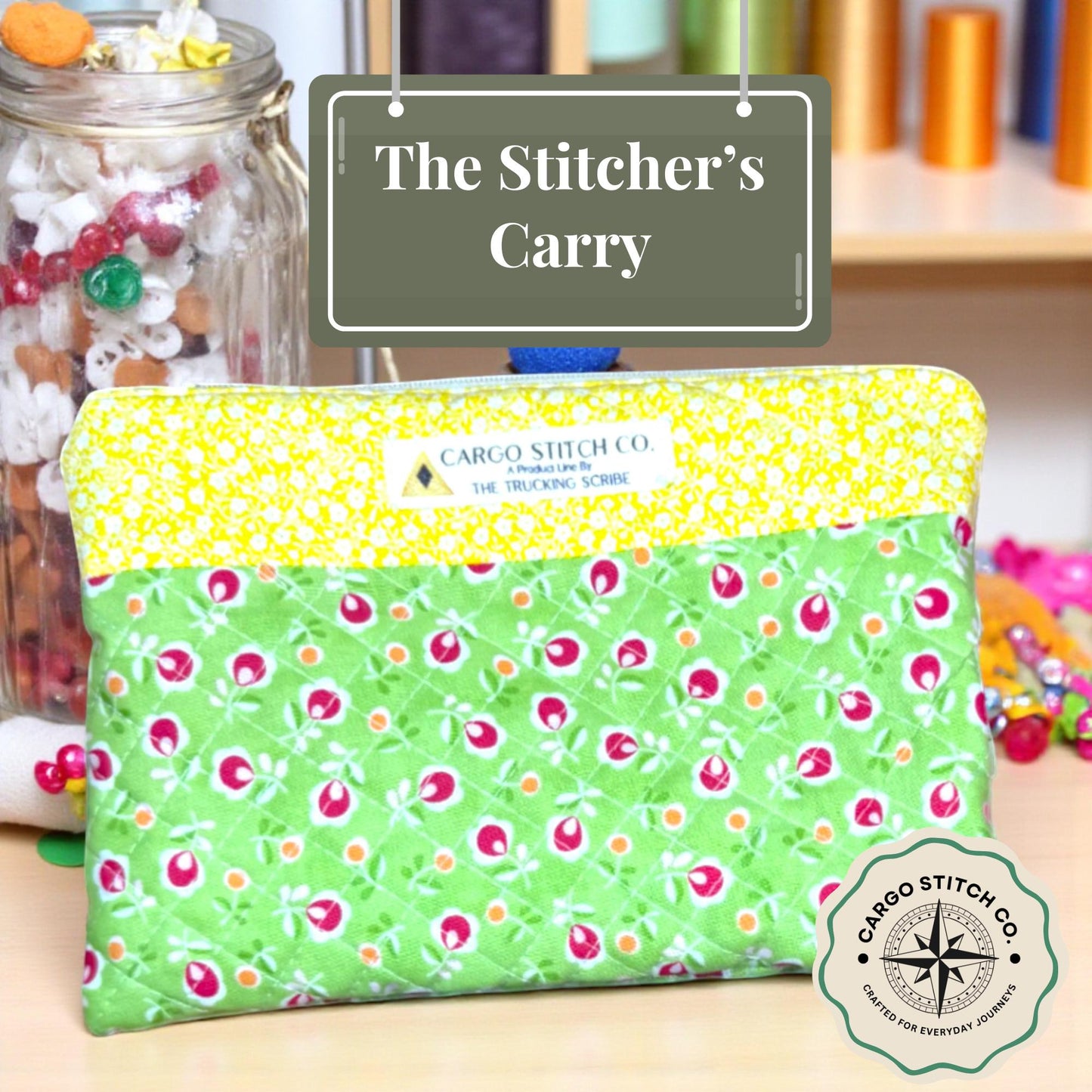 Green Floral Quilted Zipper Pouch | Stitcher’s Carry Project Bag with Yellow Accent | Handmade Organizer for Sewing & Embroidery Tools