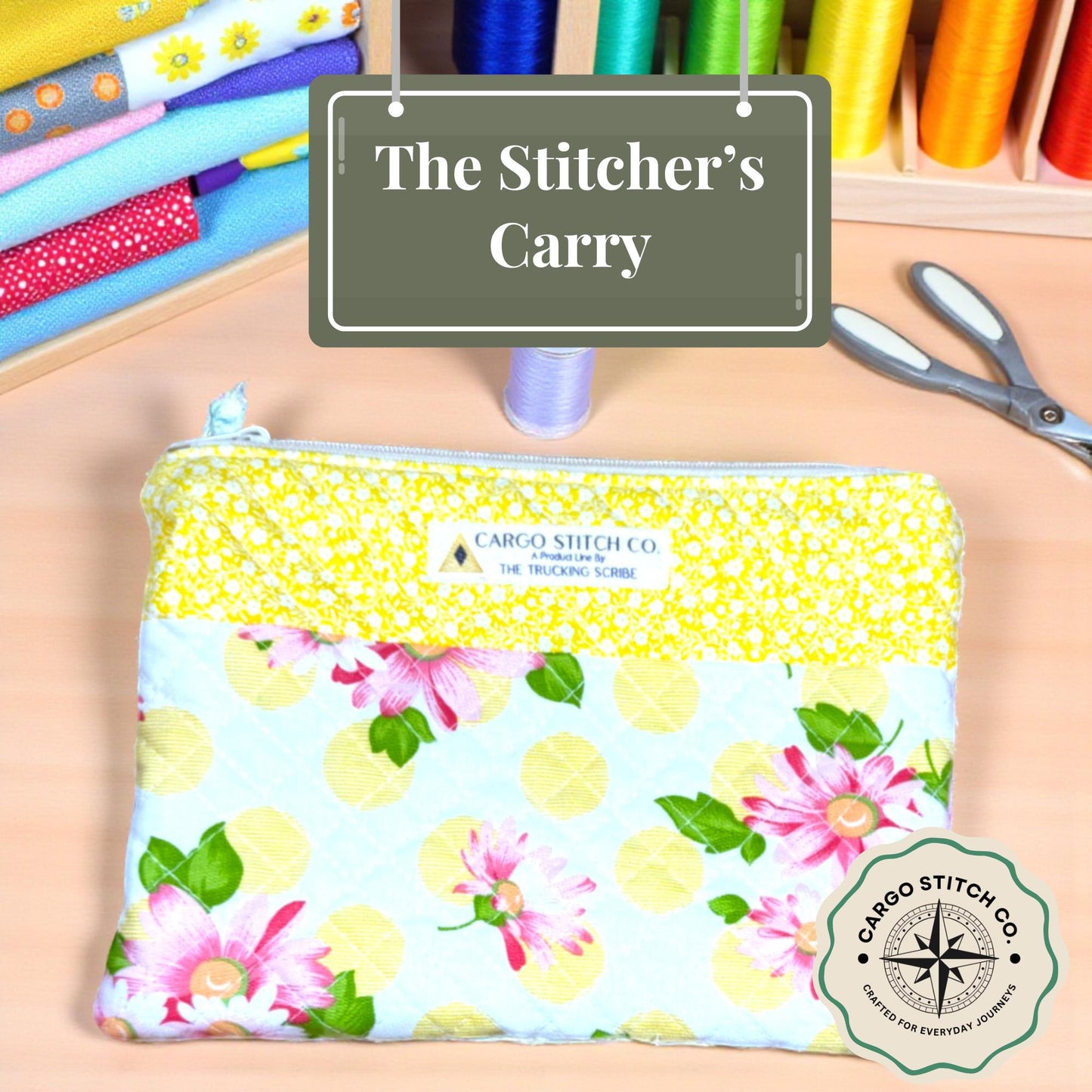 Pink Daisy & Polka Dot Quilted Pouch | Stitcher’s Carry Zipper Bag with Yellow Floral Band | Handmade Project Organizer for Crafters
