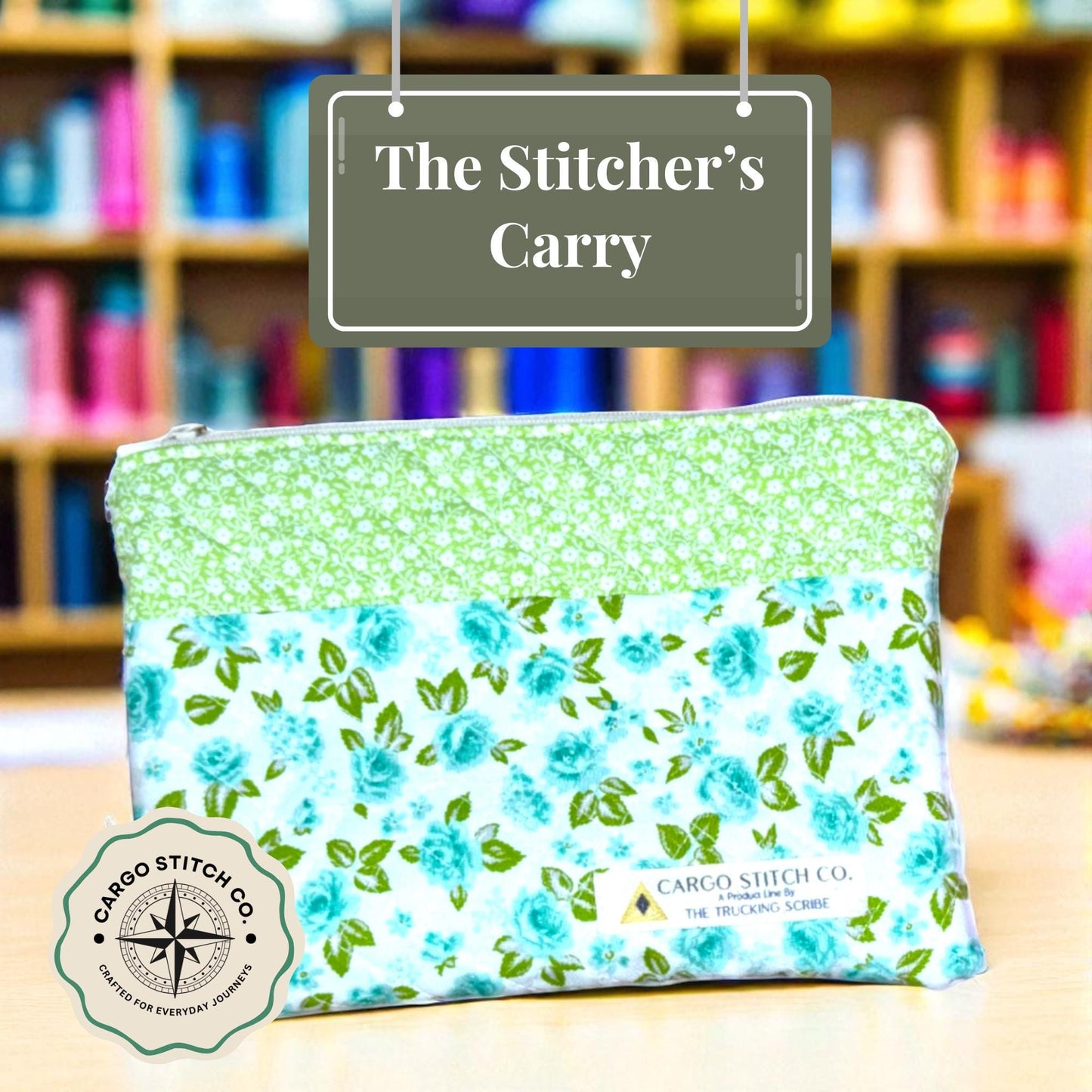 Aqua Rose Quilted Zipper Pouch | Stitcher’s Carry Handmade Bag | Green & Blue Floral Project Organizer for Sewing or Journaling