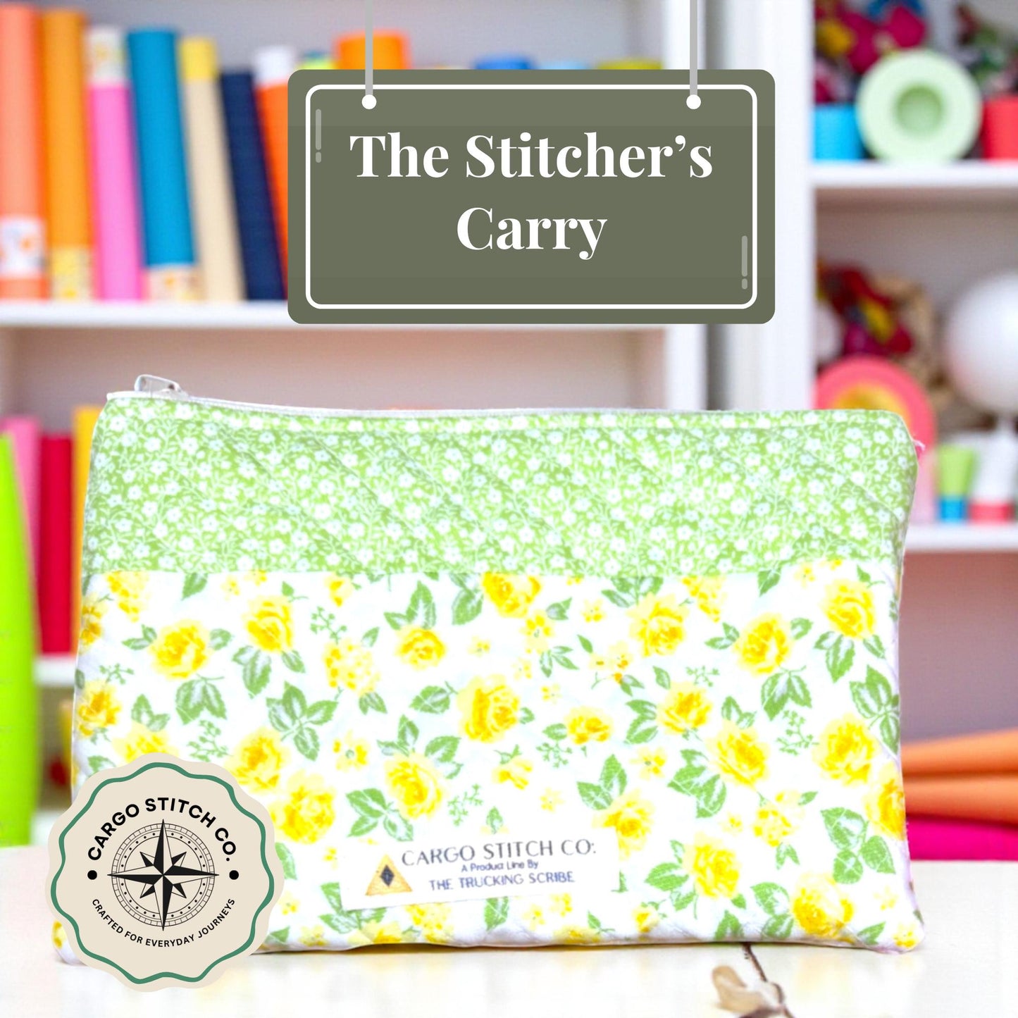 Yellow Rose Quilted Zipper Pouch | Stitcher’s Carry Handmade Floral Bag | Green & Yellow Project Pouch for Sewing or Journaling