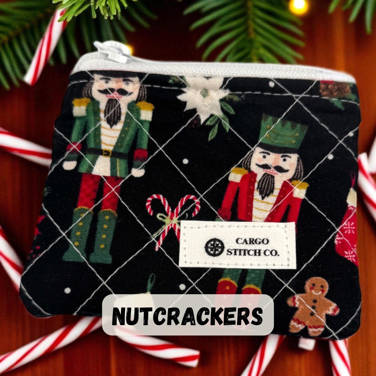 Mini Quilted Holiday Coin Pouch – 4x3 Christmas Zipper Wallet – Handmade Gift by Cargo Stitch Co. – Earbud Case - Hearing Aid Pouch