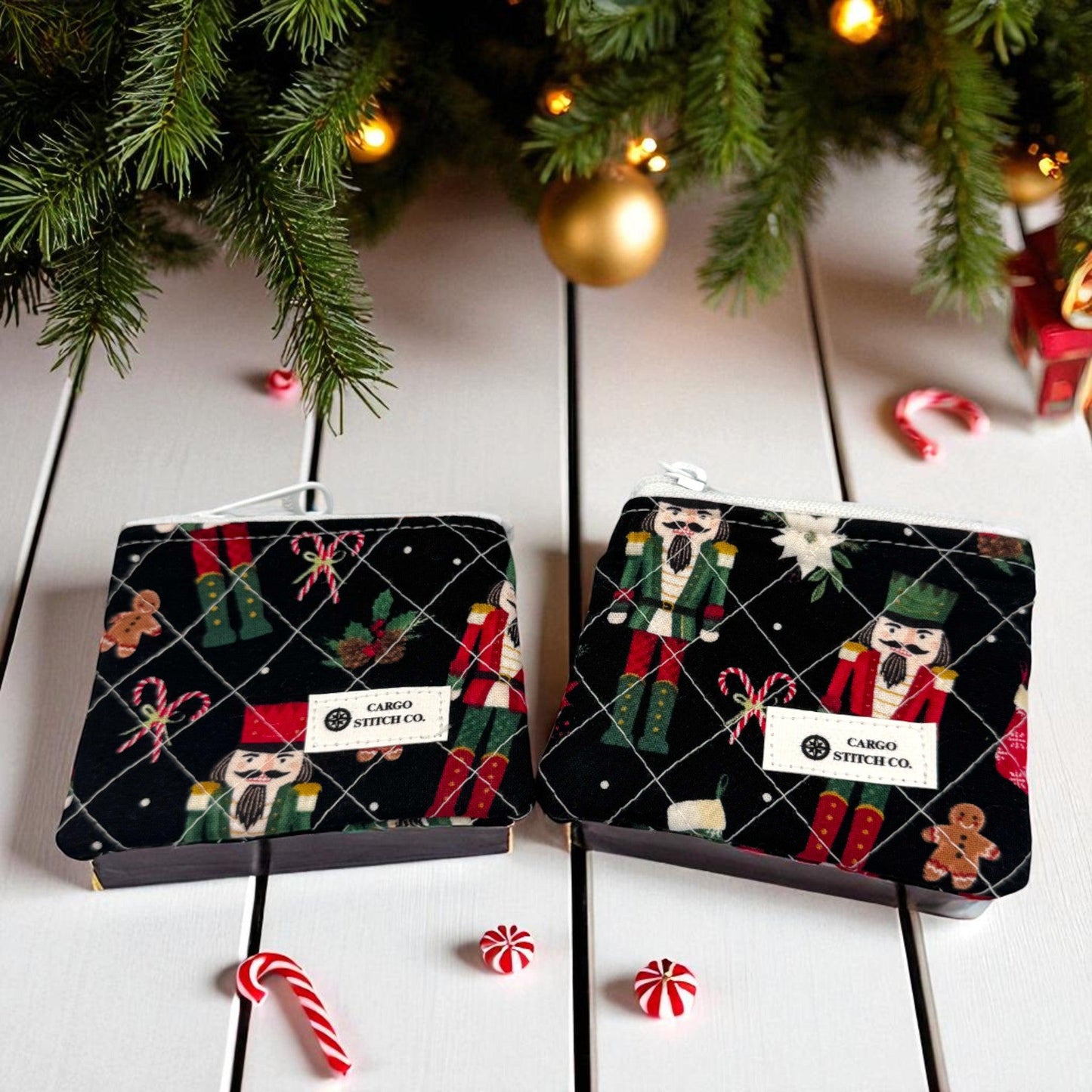 Mini Quilted Holiday Coin Pouch – 4x3 Christmas Zipper Wallet – Handmade Gift by Cargo Stitch Co. – Earbud Case - Hearing Aid Pouch