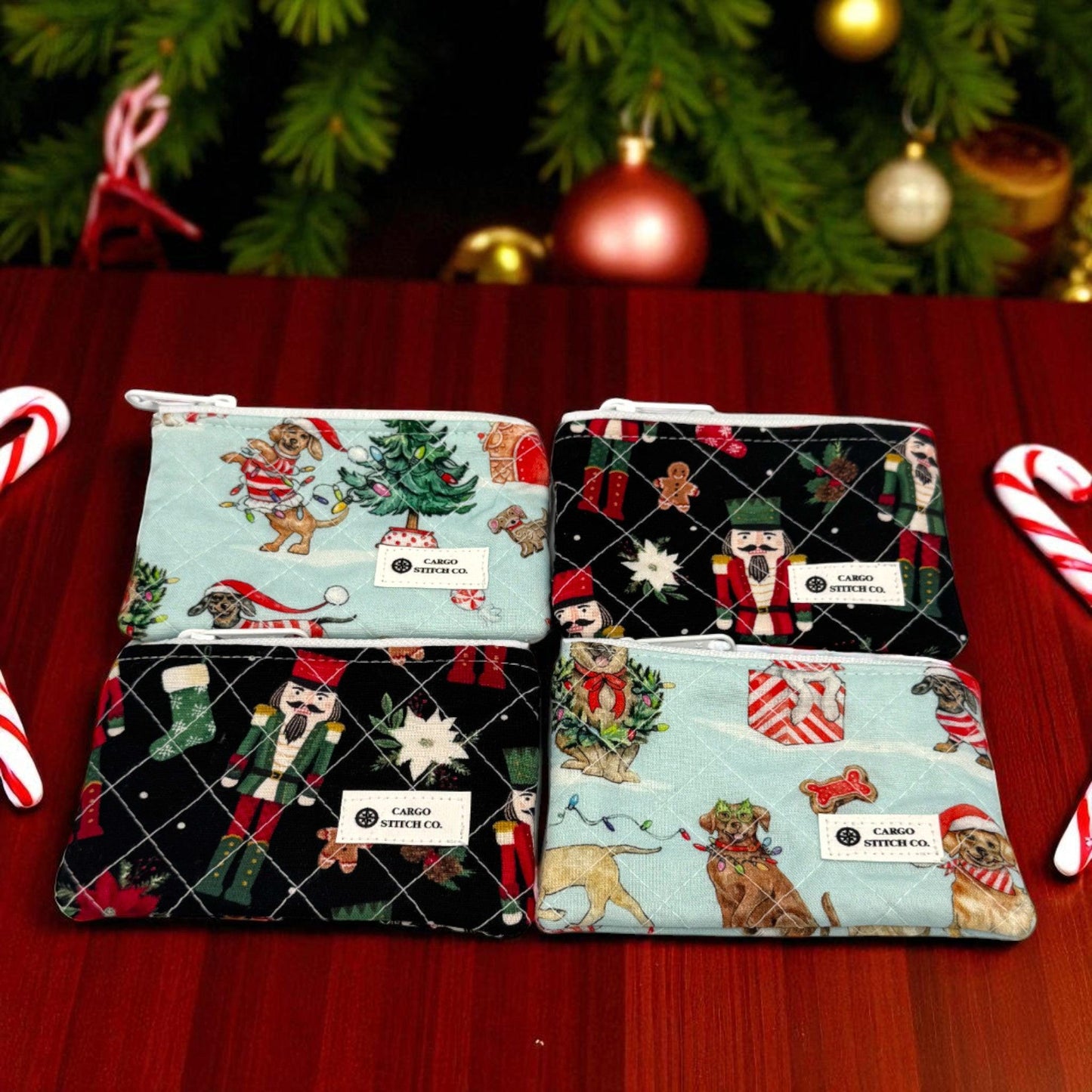 Mini Flat Quilted Zipper Pouch – 5x3 Christmas Coin Purse – Dog & Nutcracker Designs  - Choose Your Design - Earbud Pouch