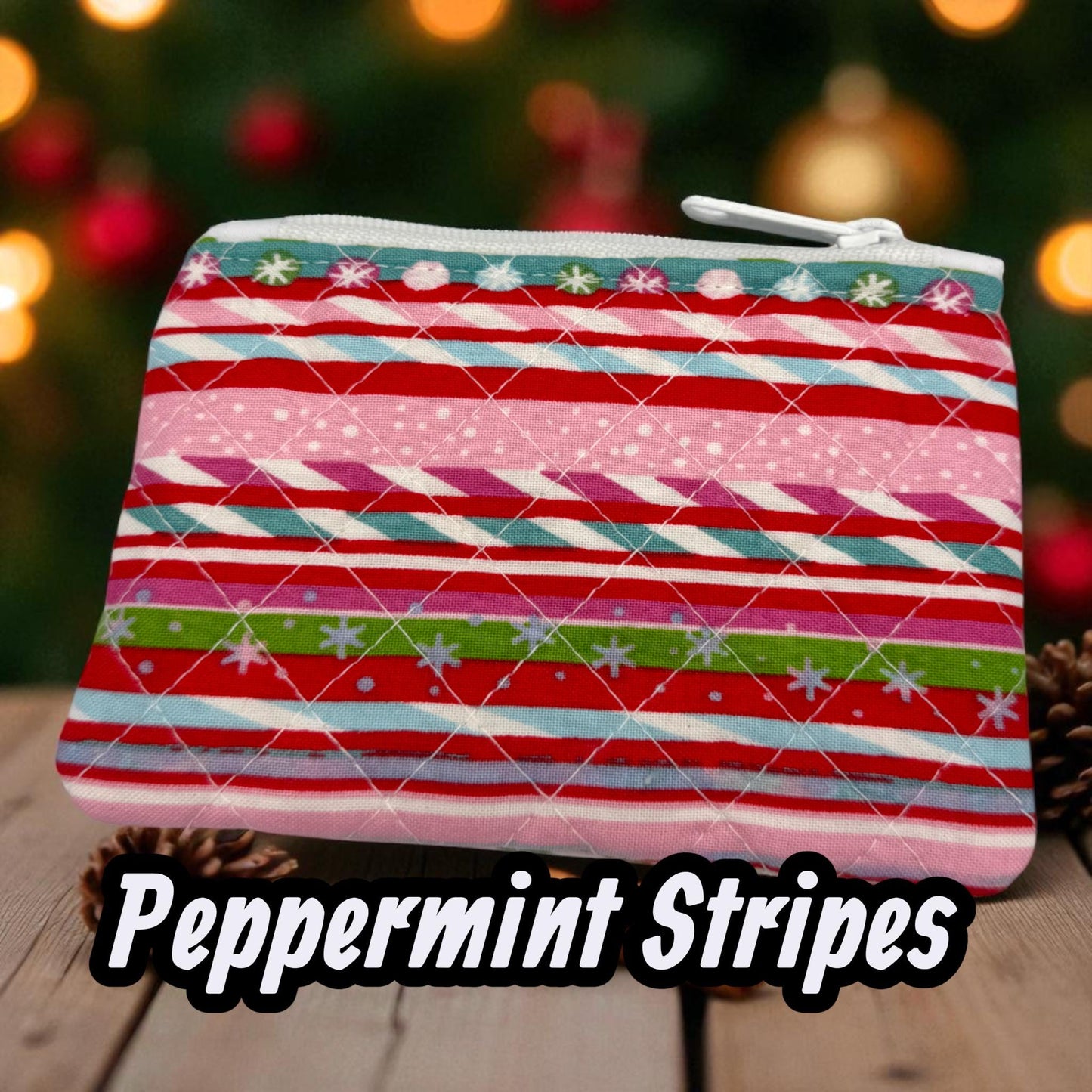 Quilted Christmas Zipper Pouch – 6x3.5 Coin Purse or Gift Card Holder – Holiday Dog, Stripe, and Ornament Designs – Handmade by Cargo Stitch