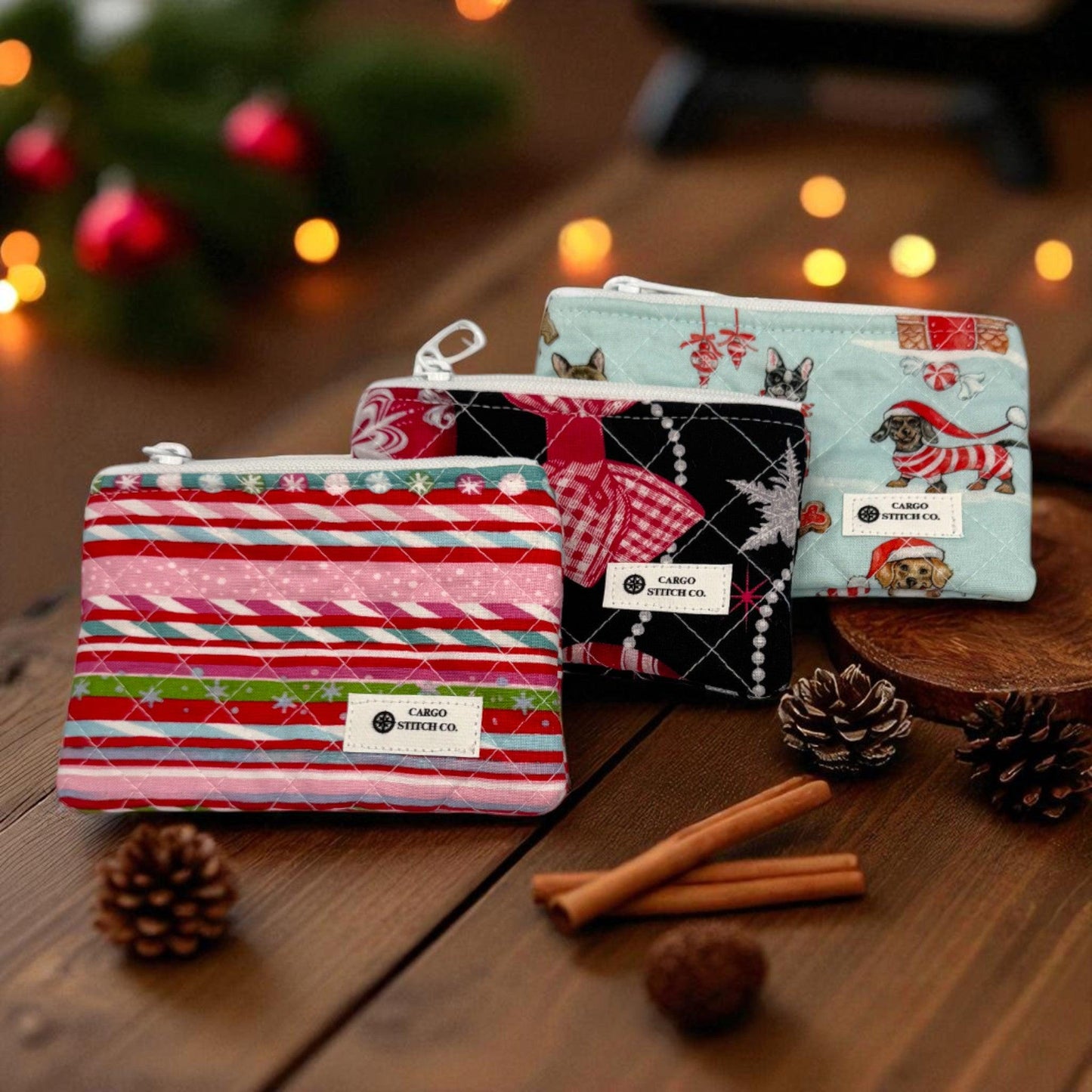 Quilted Christmas Zipper Pouch – 6x3.5 Coin Purse or Gift Card Holder – Holiday Dog, Stripe, and Ornament Designs – Handmade by Cargo Stitch