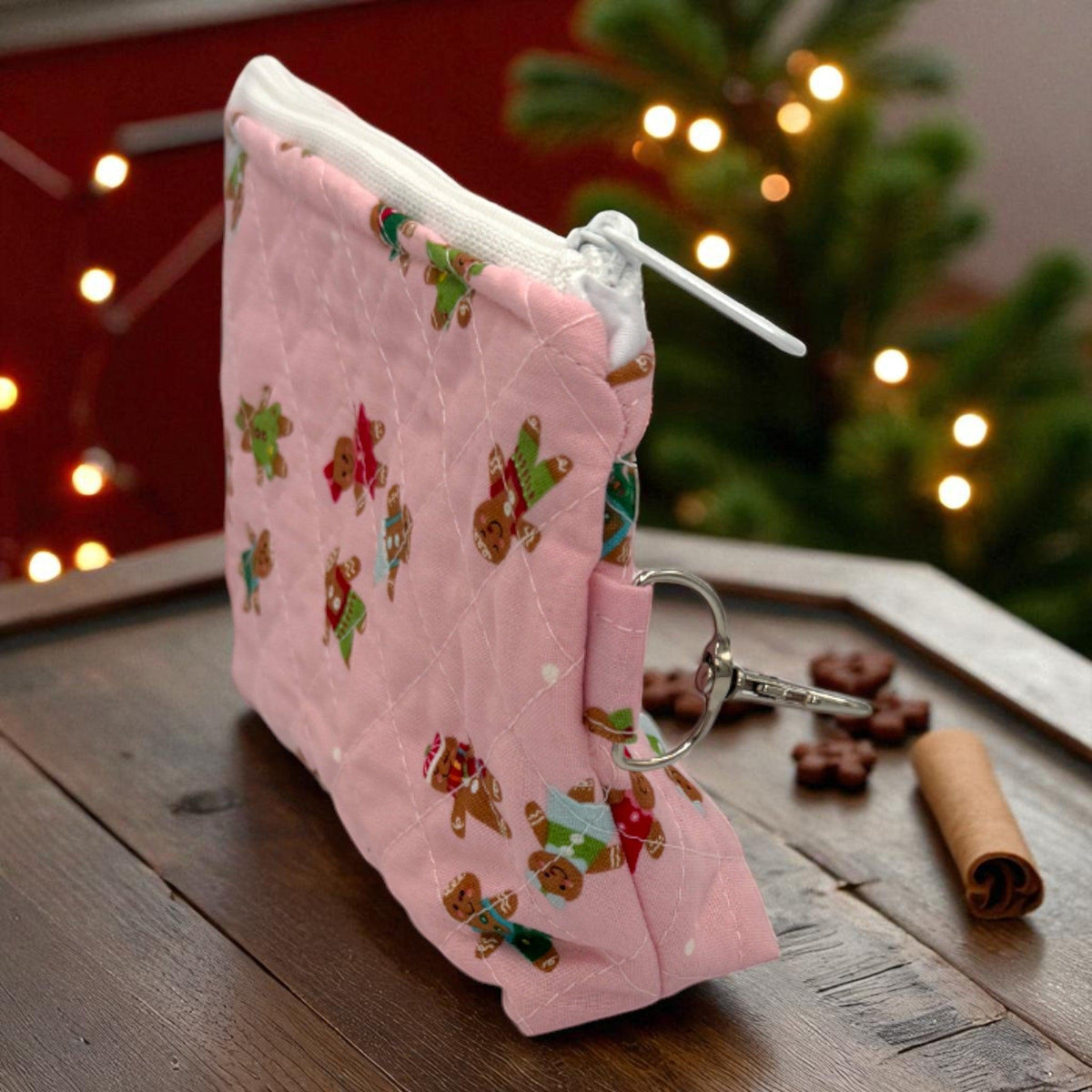 Pink Gingerbread Quilted Pouch Set | 3 Piece Christmas Zipper Pouch Set | Makeup Cosmetic Travel Bags | Peppermint Lane