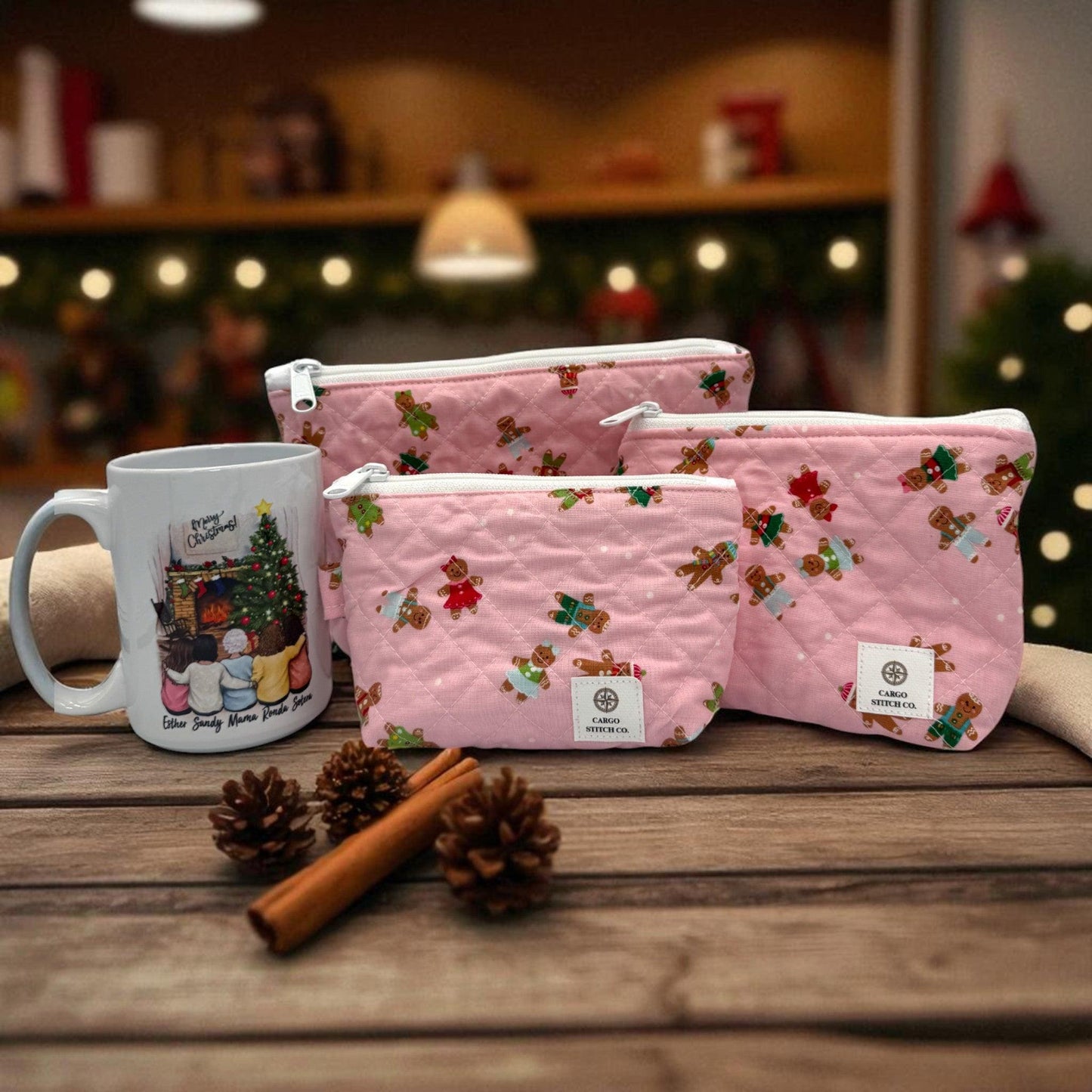 Medium Quilted Zipper Pouch – 7x5x1.5 Pink Gingerbread Bag Handmade Holiday Stocking Stuffer. Cosmetic Pouch