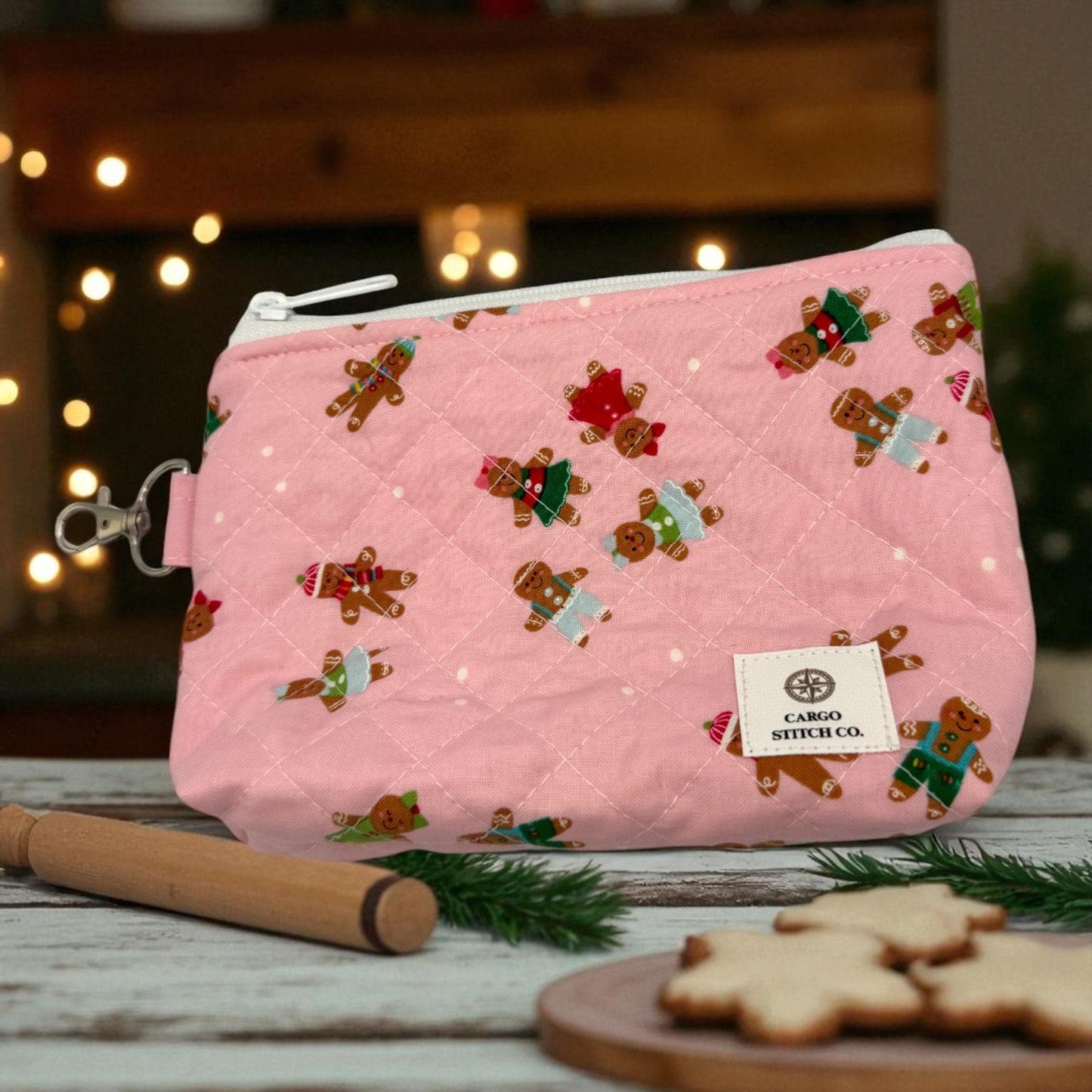 Small Quilted Zipper Pouch – 7x4x1 Pink Gingerbread Coin Bag Handmade Stocking Stuffer by Cargo Stitch Co. -Project Bag Craft Tote