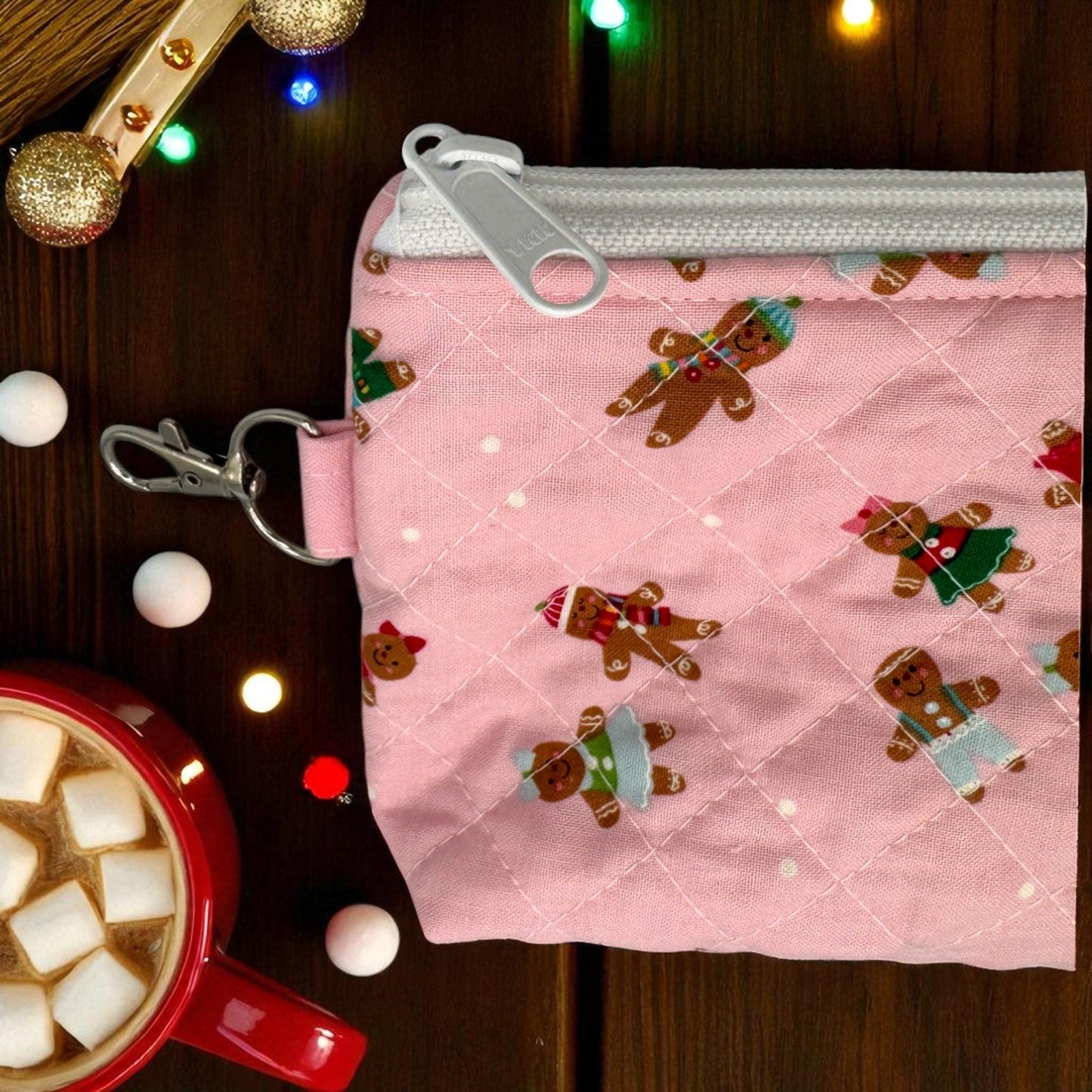Medium Quilted Zipper Pouch – 7x5x1.5 Pink Gingerbread Bag Handmade Holiday Stocking Stuffer. Cosmetic Pouch