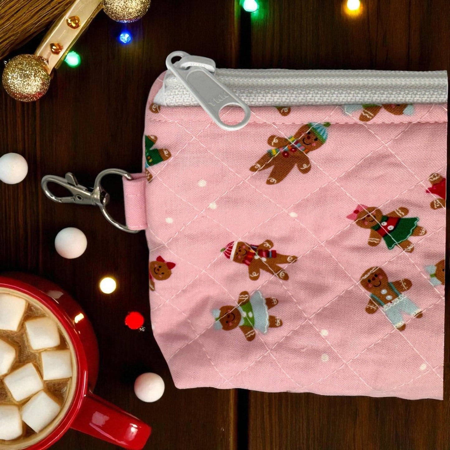 Small Quilted Zipper Pouch – 7x4x1 Pink Gingerbread Coin Bag Handmade Stocking Stuffer by Cargo Stitch Co. -Project Bag Craft Tote