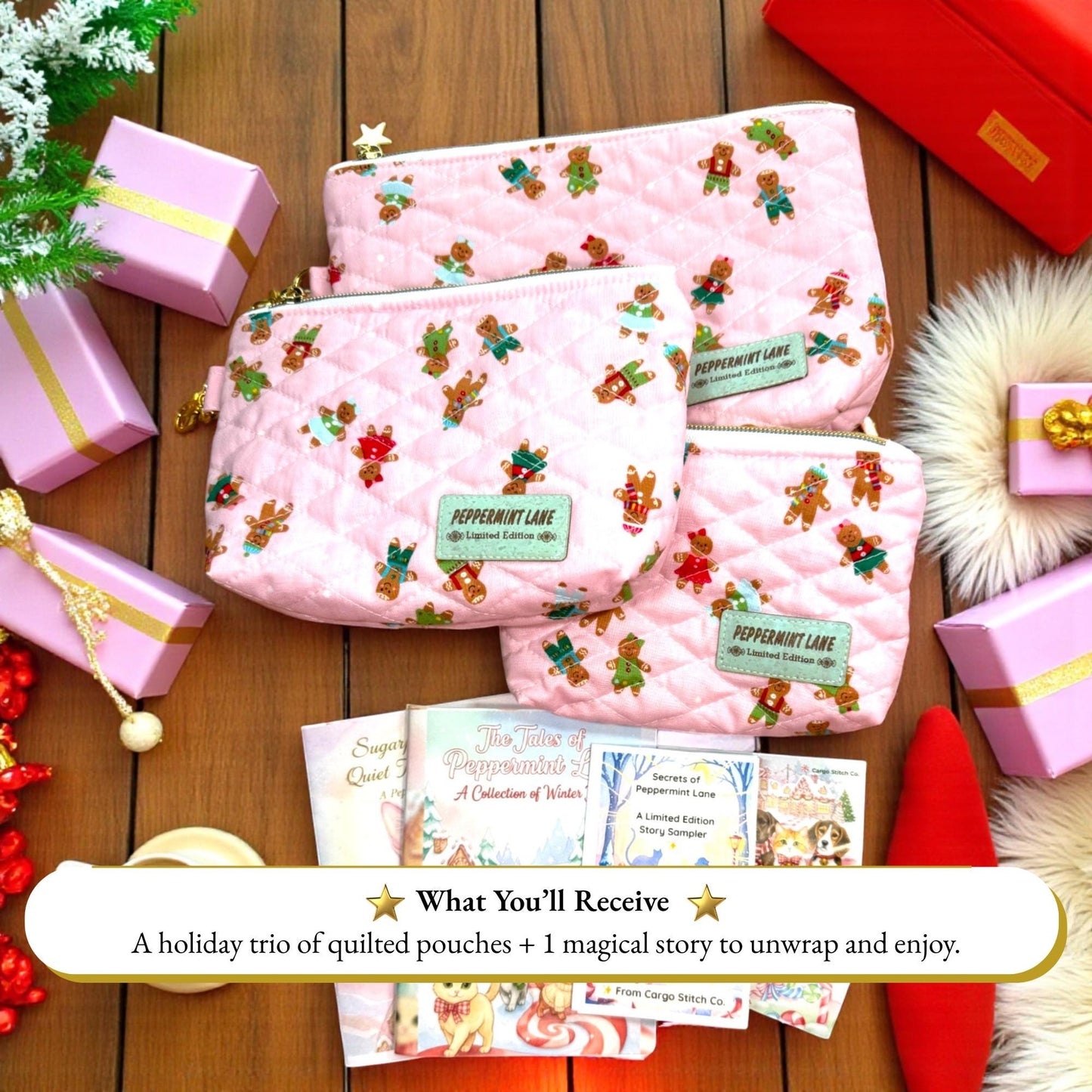 Sugarplum 3-Piece Quilted Pouch Set - Peppermint Lane Limited Edition | Pink Gingerbread | Story Character Bundle | Choose A Size