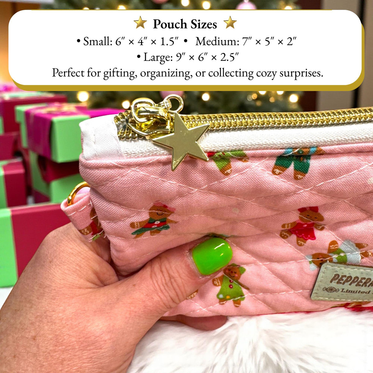 Sugarplum Christmas Quilted Zipper Pouch Bundle, Pink Gingerbread Makeup Bag, Peppermint Lane Limited Edition, Handmade Holiday Gift