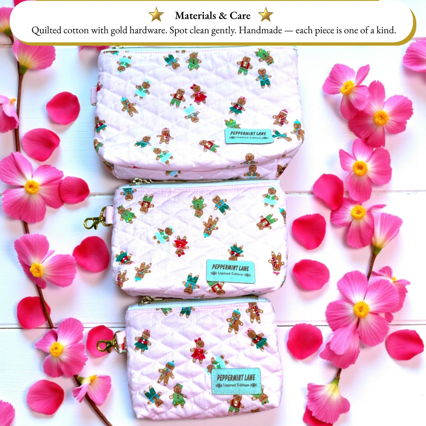 Sugarplum 3-Piece Quilted Pouch Set - Peppermint Lane Limited Edition | Pink Gingerbread | Story Character Bundle | Choose A Size