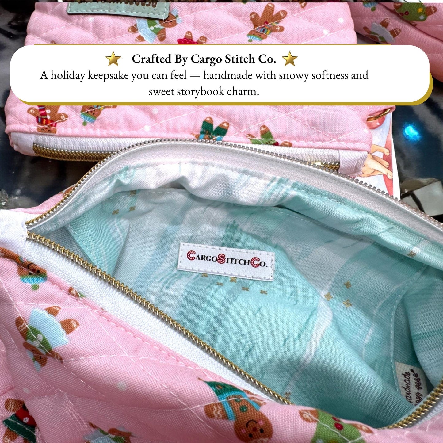 Sugarplum 3-Piece Quilted Pouch Set - Peppermint Lane Limited Edition | Pink Gingerbread | Story Character Bundle | Choose A Size