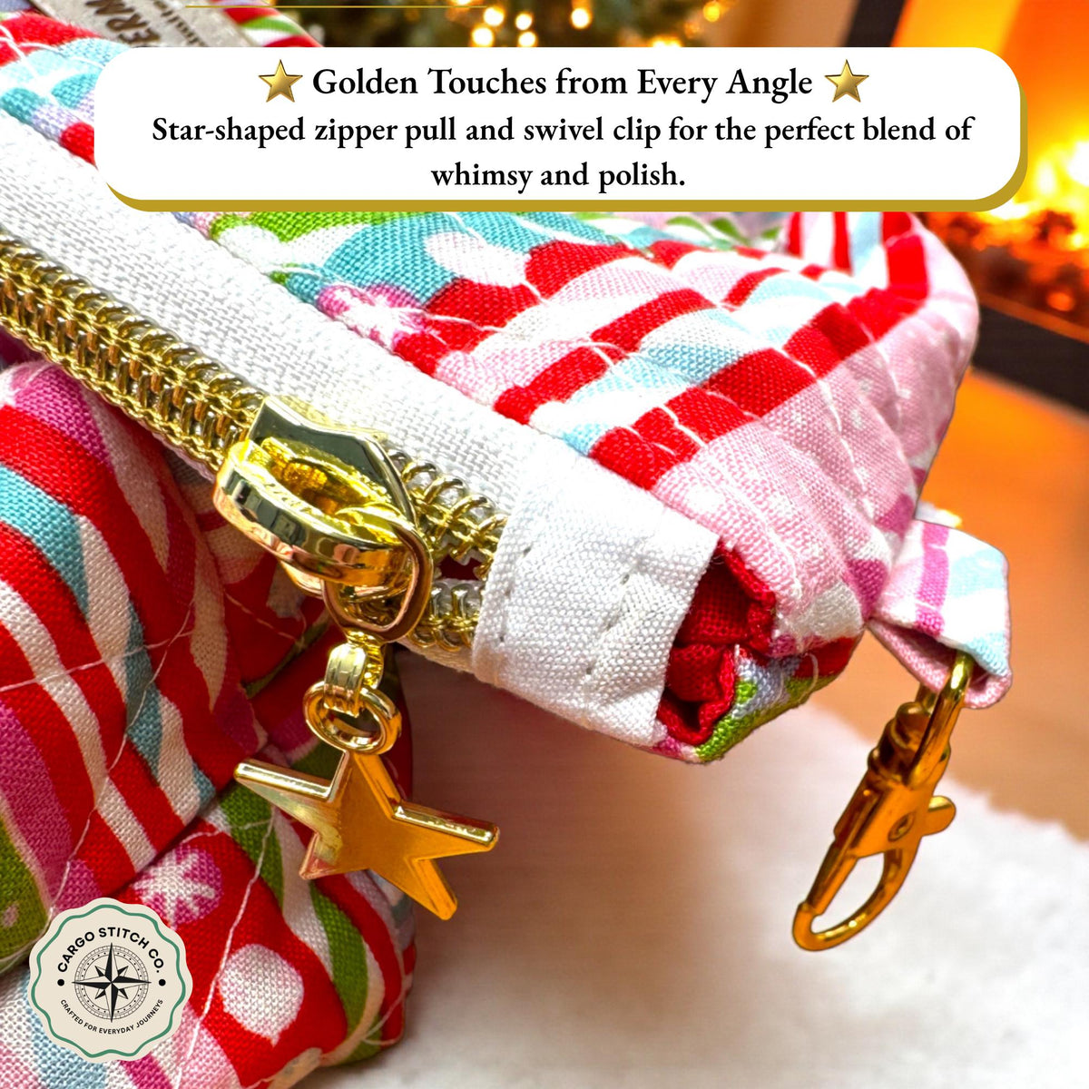 Christmas Quilted Zipper Pouch | Peppermint Lane Jingle | Handmade Holiday Makeup Bag | Small Medium Large
