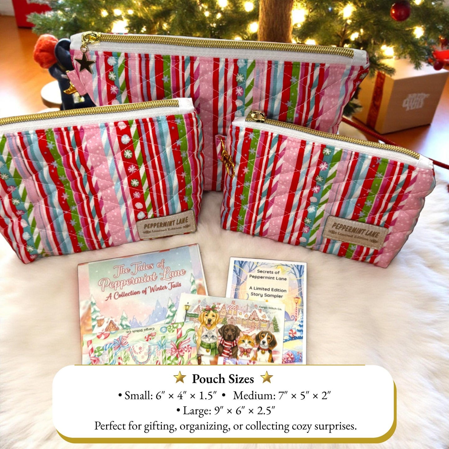 Sugarplum 3-Piece Quilted Pouch Set - Peppermint Lane Limited Edition | Pink Gingerbread | Story Character Bundle | Choose A Size