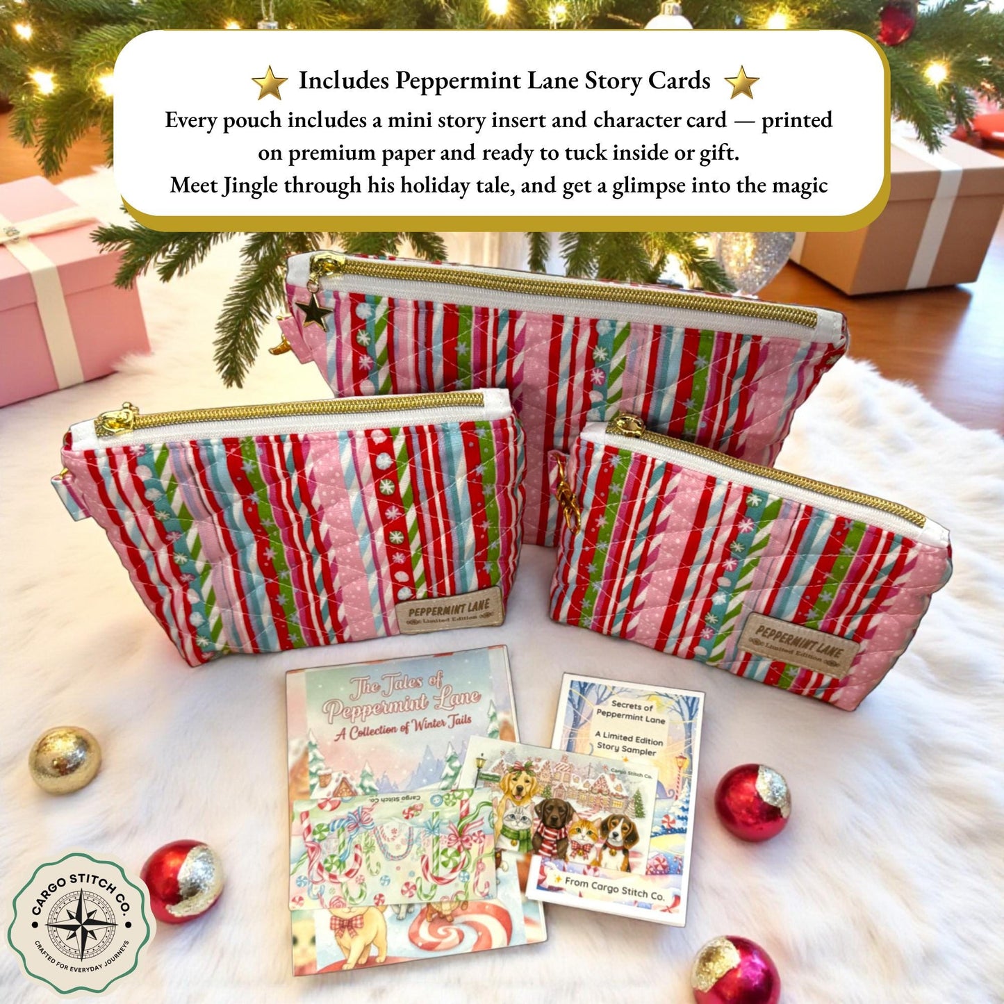 Sugarplum 3-Piece Quilted Pouch Set - Peppermint Lane Limited Edition | Pink Gingerbread | Story Character Bundle | Choose A Size