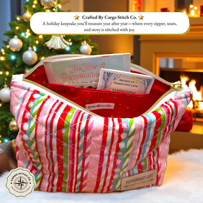 Christmas Quilted Zipper Pouch | Peppermint Lane Jingle | Handmade Holiday Makeup Bag | Small Medium Large