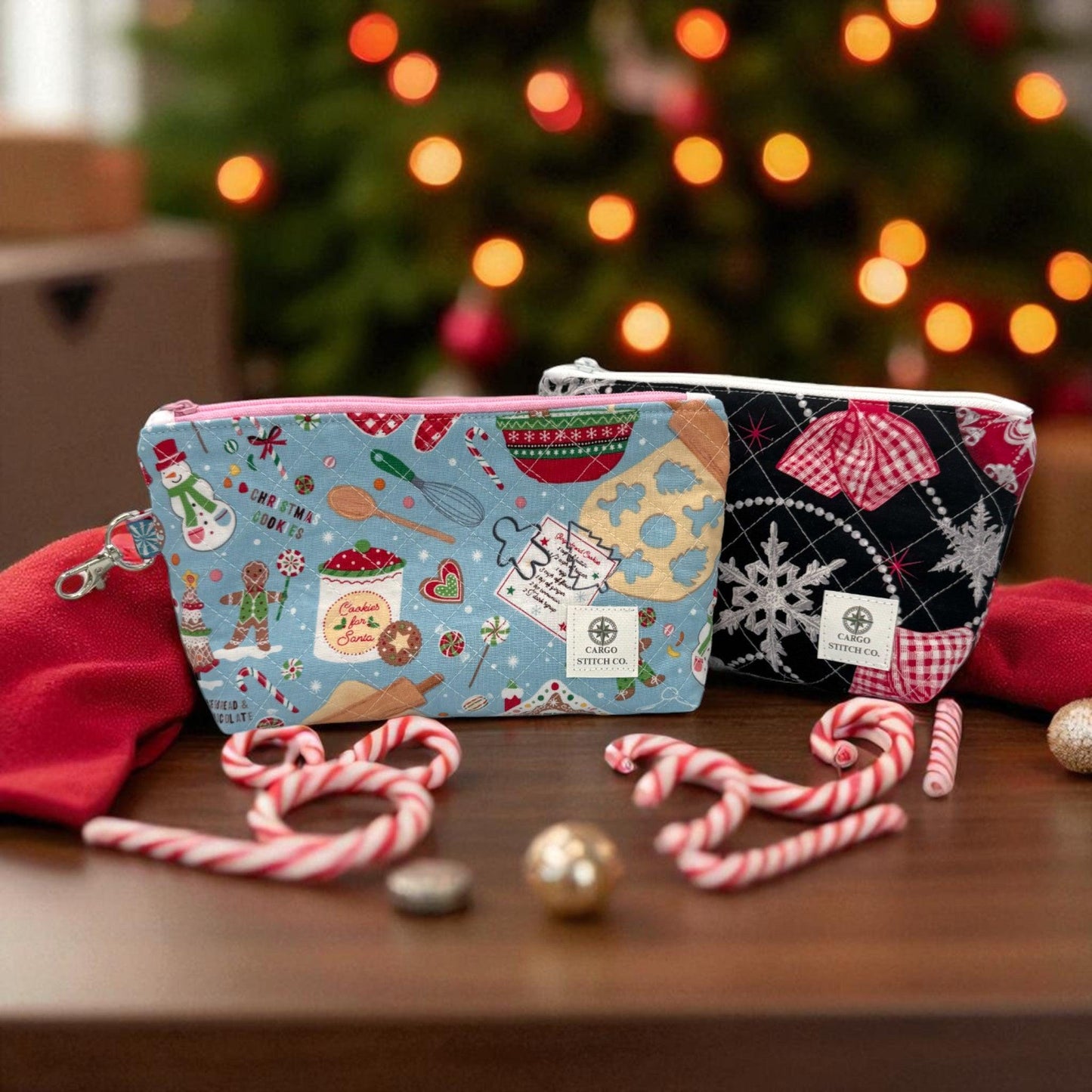 Large Quilted Holiday Pouch Duo with Interior Pockets – 9x5x2 | Gingerbread & Black Ornaments | Peppermint Lane 2025 Gift Set
