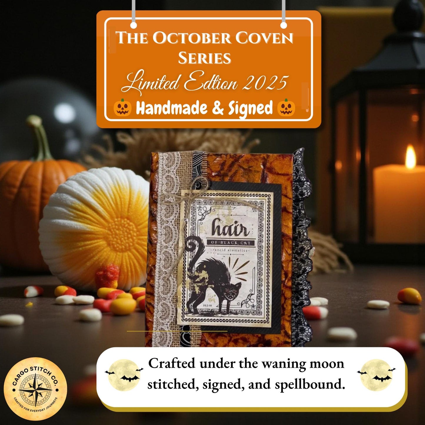 Witchy Cat Junk Journal – Autumn Harvest • Limited Edition Handmade Halloween Grimoire • Black Lace Spine • October Coven Series