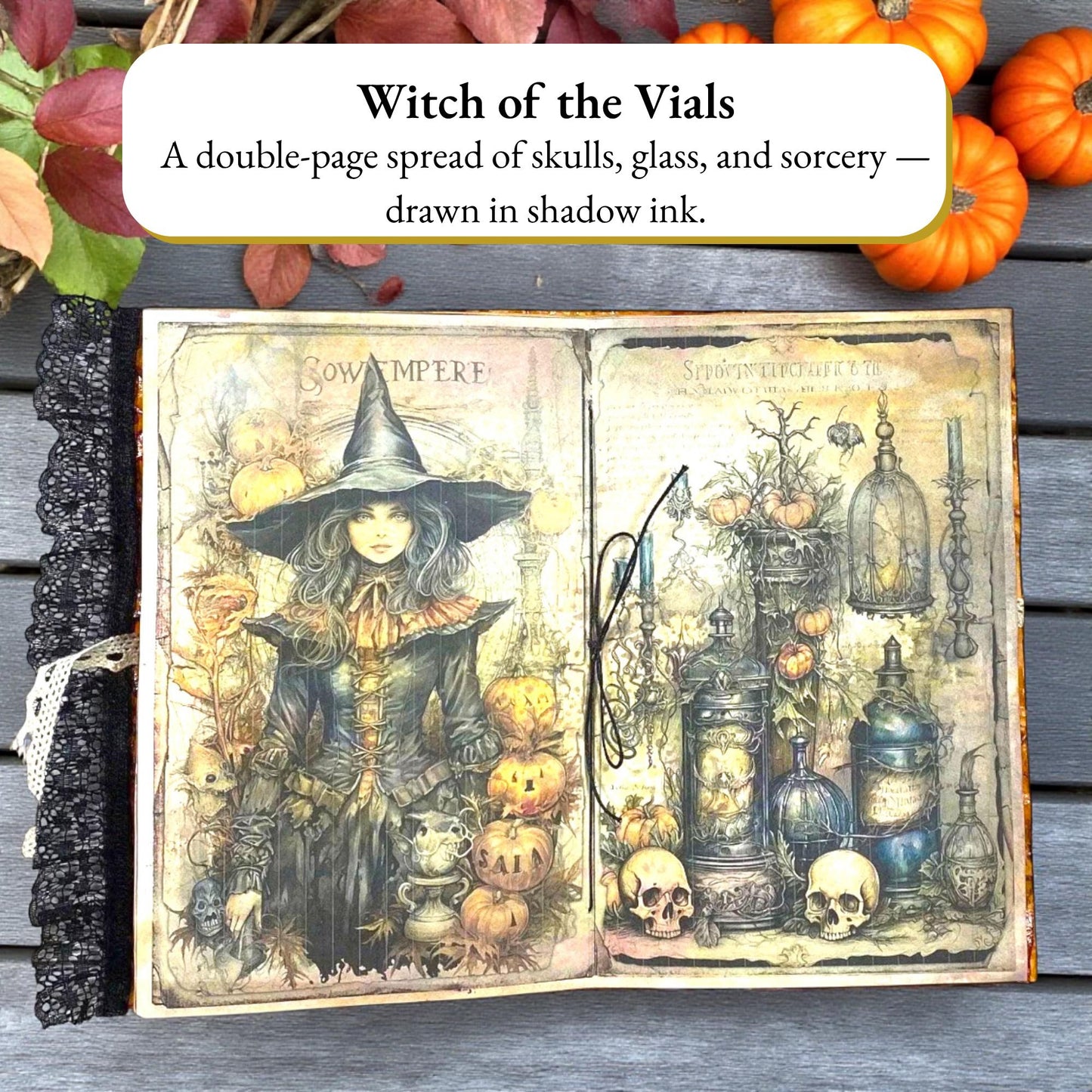 Witchy Cat Junk Journal – Autumn Harvest • Limited Edition Handmade Halloween Grimoire • Black Lace Spine • October Coven Series