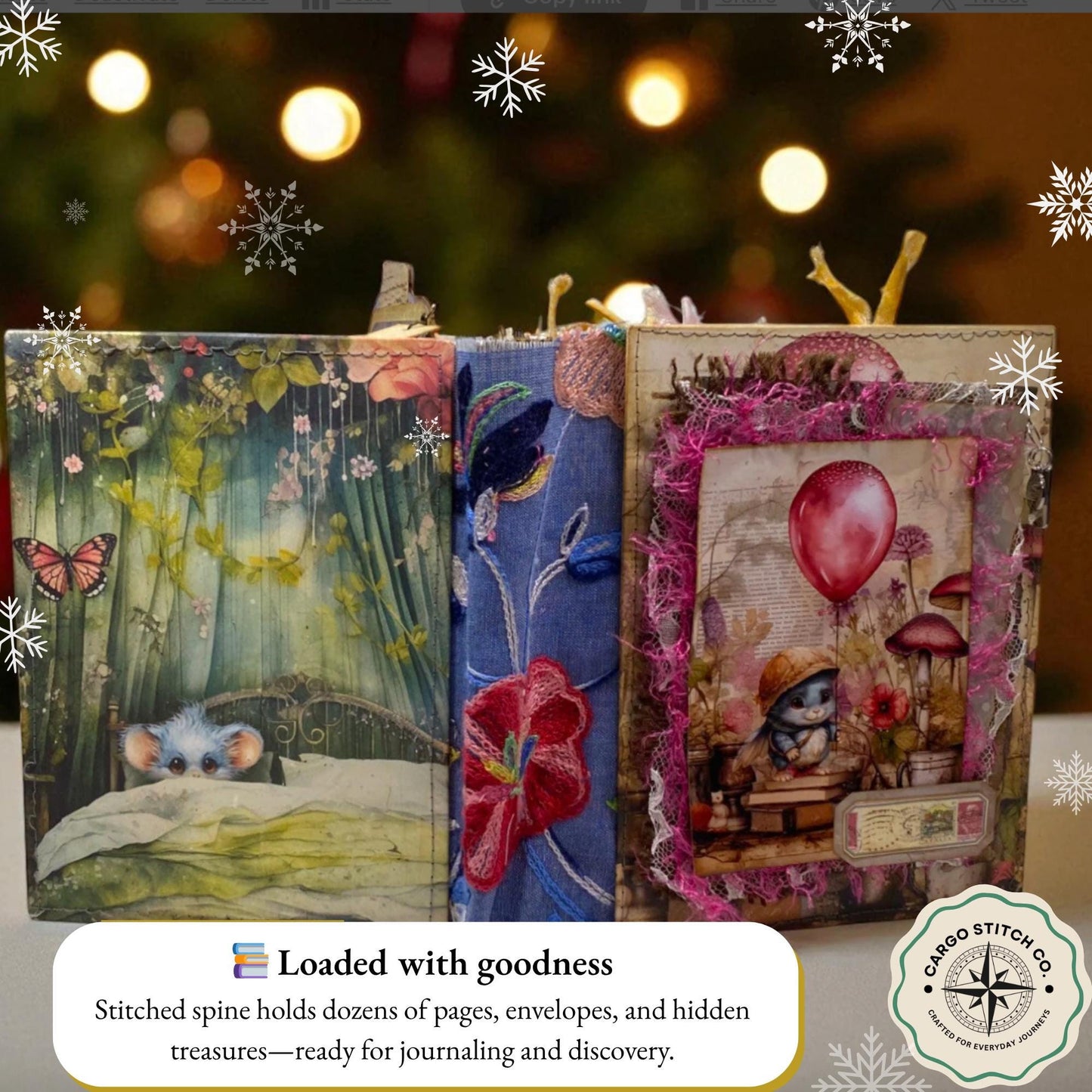 Whimsical Forest Junk Journal – Handmade Expandable Envelope Book with Pink Trim, Mushroom Art & Lace Layers