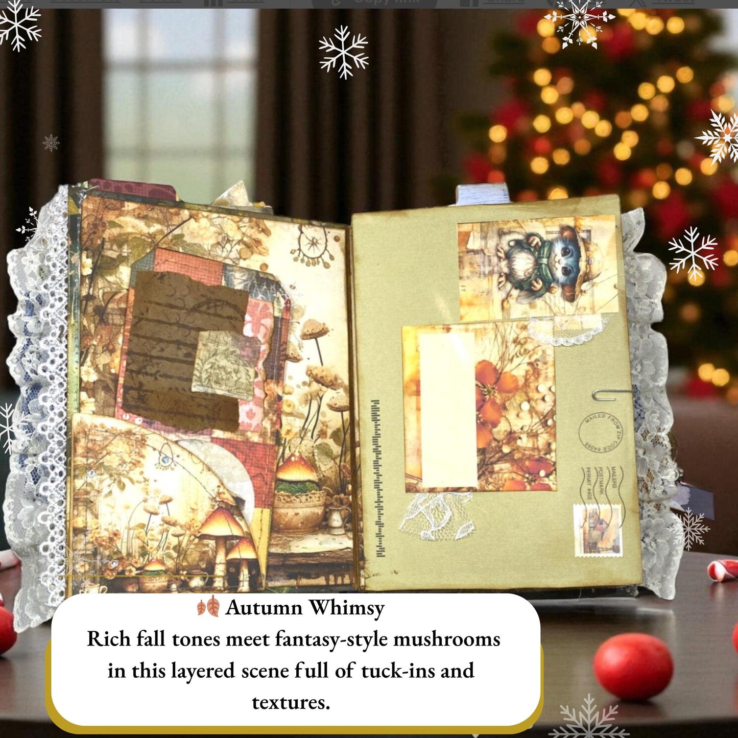 Whimsical Forest Junk Journal – Handmade Expandable Envelope Book with Pink Trim, Mushroom Art & Lace Layers