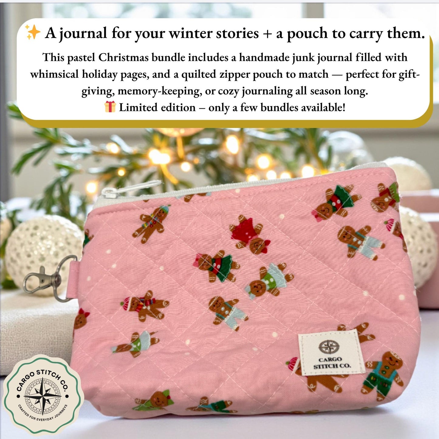 Sugarplum Whispers Holiday Gift Set – Pastel Christmas Junk Journal + Quilted Zipper Pouch – Handmade Christmas Writing Set – Ready to Ship