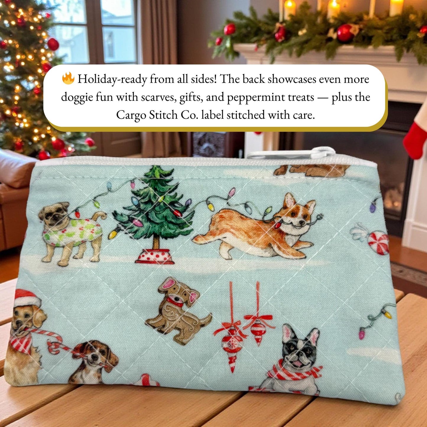 Quilted Zipper Pouch 9x6x2 - Everyday Peppermint Lane | Dog Large Holiday Dogs Lover Gift | Swivel Clasp | Travel Bag
