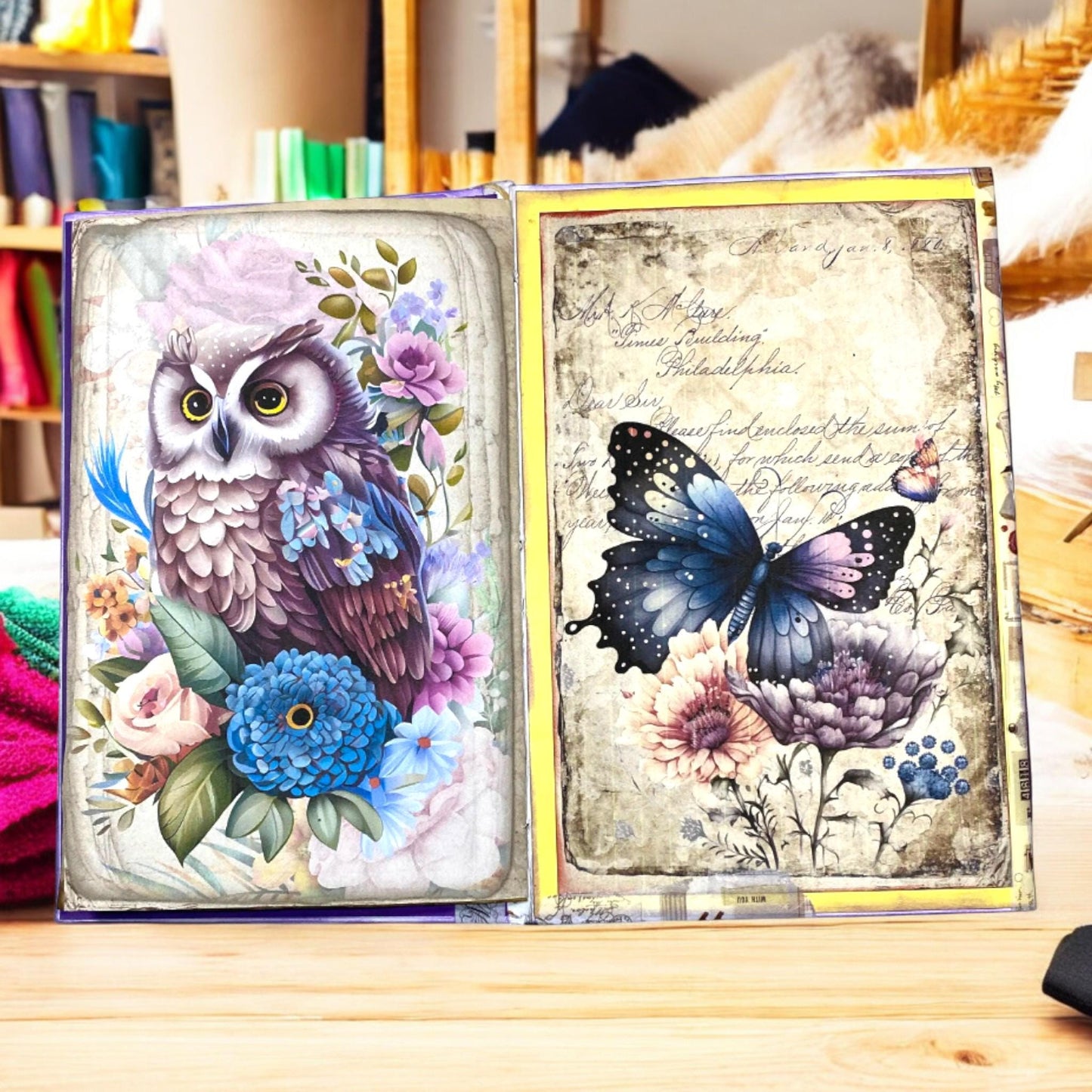 Feathers & Whispers – Owl And Butterfly Junk Journal | Handmade Flip-Flop Forest Journal B6 with Pockets  Ephemera