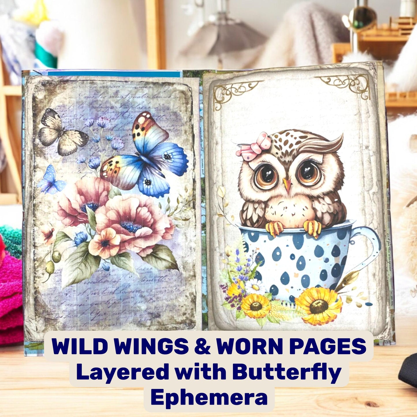 Feathers & Whispers – Owl And Butterfly Junk Journal | Handmade Flip-Flop Forest Journal B6 with Pockets  Ephemera