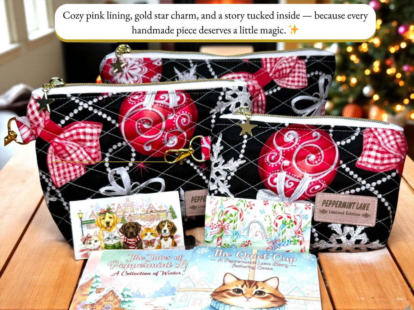 Cocoa’s Quiet Cup Quilted Pouch Bundle - Peppermint Lane 2025 | Final Edition Holiday Set | Gifts | Ornament Magic | Choose Your Size