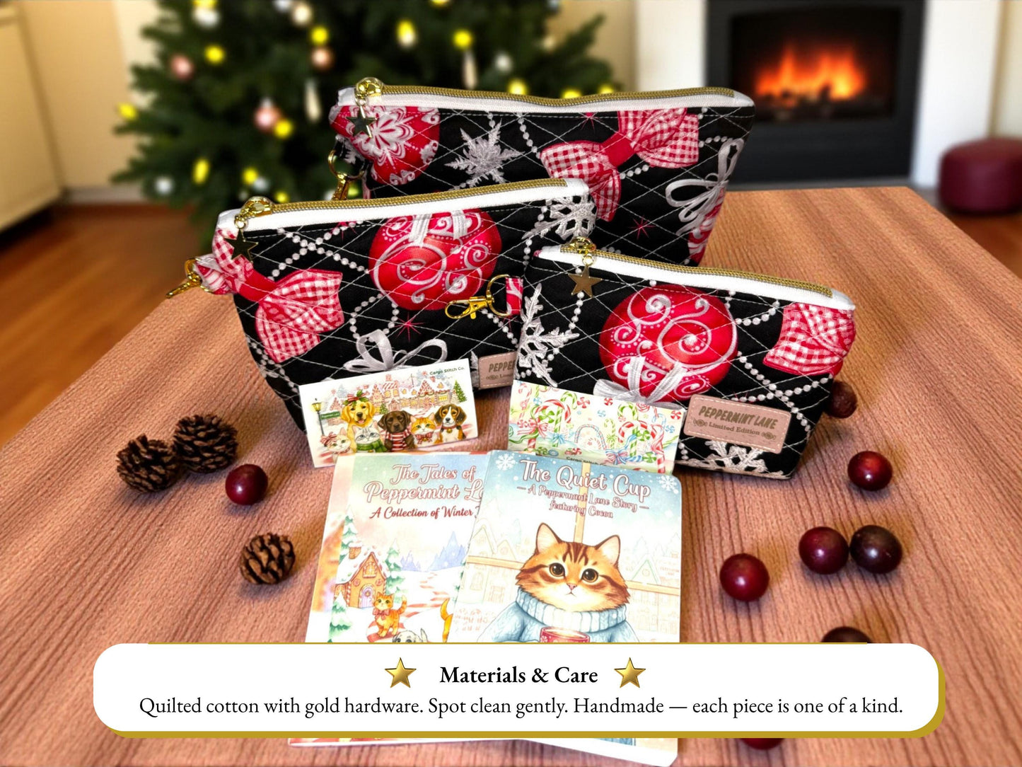 Cocoa’s Quiet Cup Quilted Pouch Bundle - Peppermint Lane 2025 | Final Edition Holiday Set | Gifts | Ornament Magic | Choose Your Size