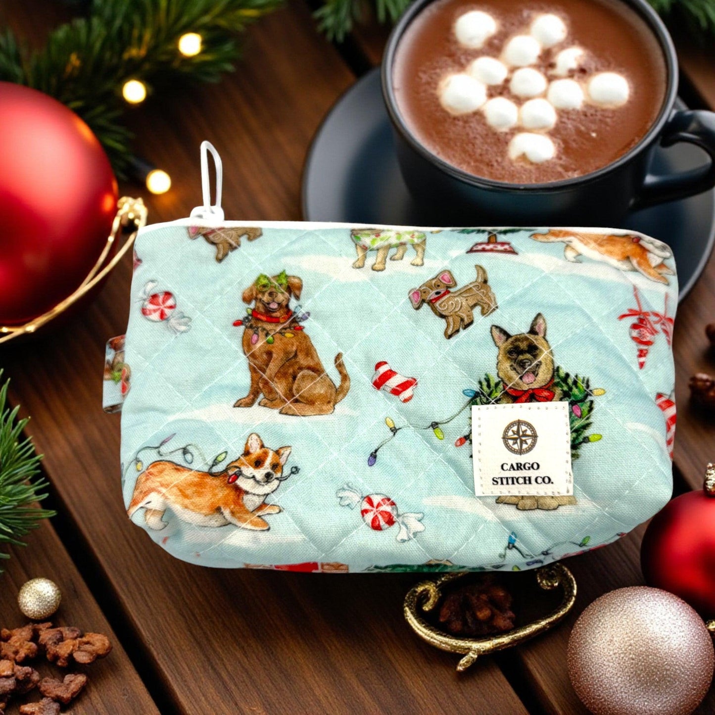 Quilted Zipper Pouch 9x6x2 - Everyday Peppermint Lane | Dog Large Holiday Dogs Lover Gift | Swivel Clasp | Travel Bag