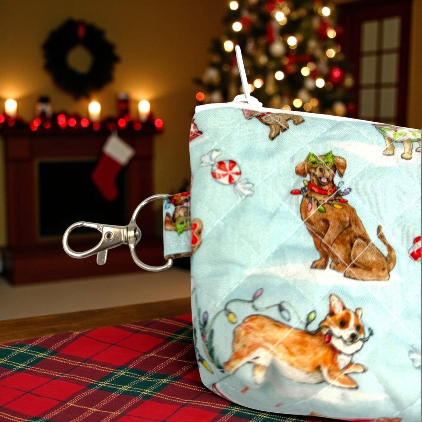 Quilted Zipper Pouch 9x6x2 - Everyday Peppermint Lane | Dog Large Holiday Dogs Lover Gift | Swivel Clasp | Travel Bag