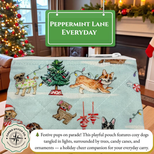 Quilted Zipper Pouch 9x6x2 - Everyday Peppermint Lane | Dog Large Holiday Dogs Lover Gift | Swivel Clasp | Travel Bag