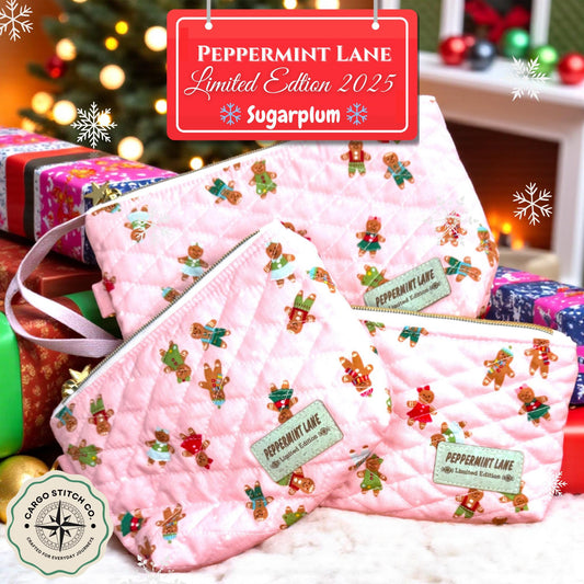 Sugarplum 3-Piece Quilted Pouch Set - Peppermint Lane Limited Edition | Pink Gingerbread | Story Character Bundle | Choose A Size