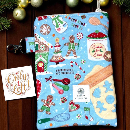 Gingerbread Zipper Pouch 7×5 • Peppermint Lane Christmas Bag • Quilted Project Bag, Makeup Pouch with Pocket & Clip • Cargo Stitch Co