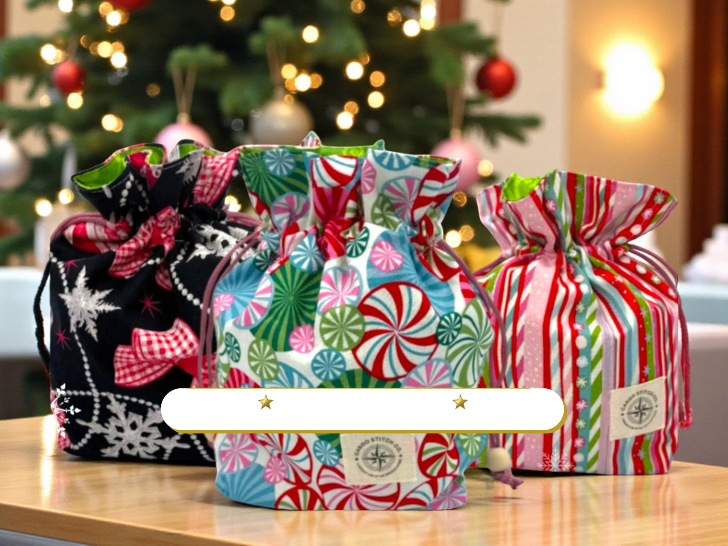 Medium Drawstring Bag - Peppermint Lane Limited Edition | Project Bag | Christmas Gift | Knitting Crochet Bag | Choose One